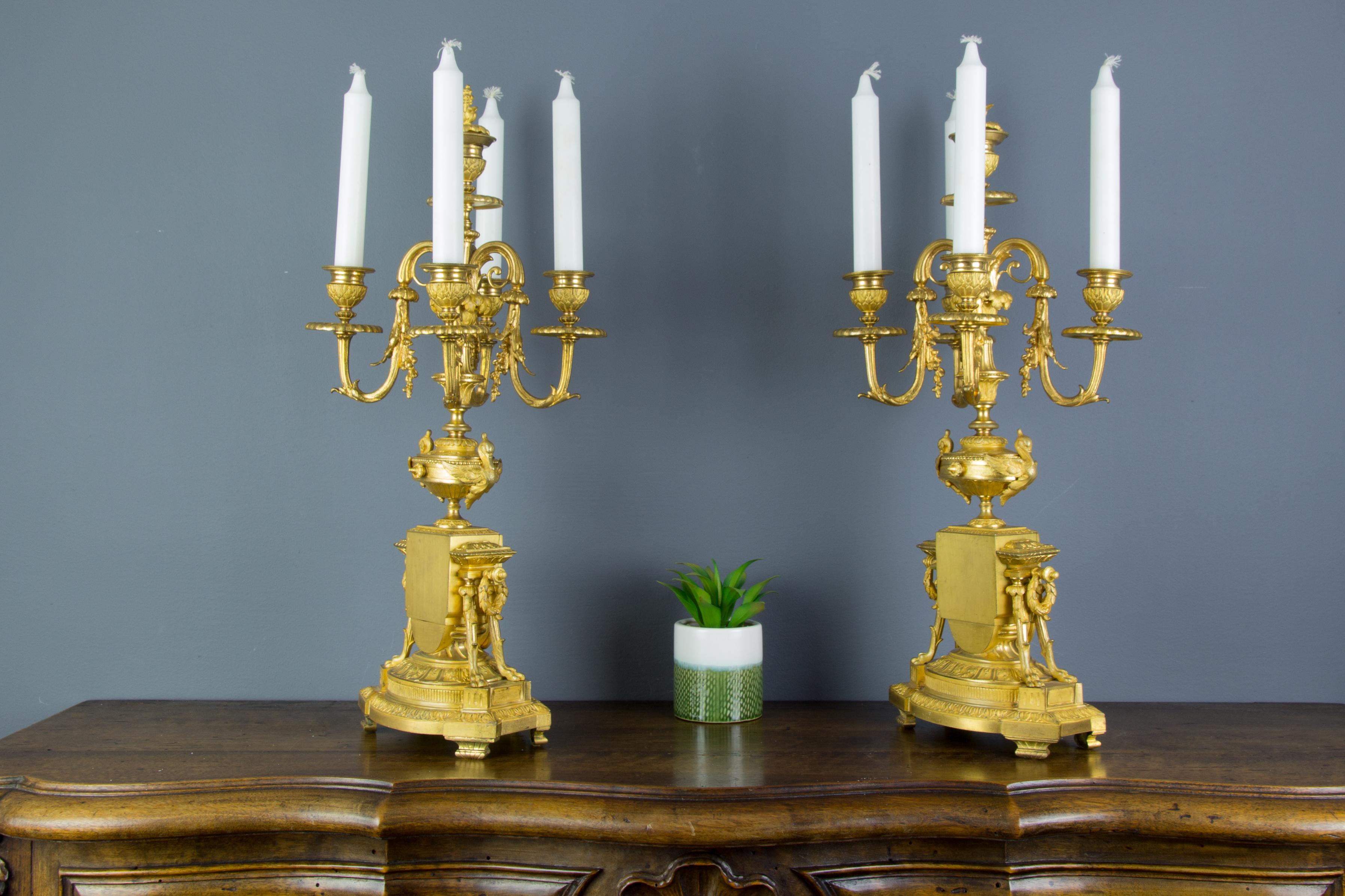 19th Century Pair of French Louis XVI Style Gilt Bronze Five-Light Candelabras