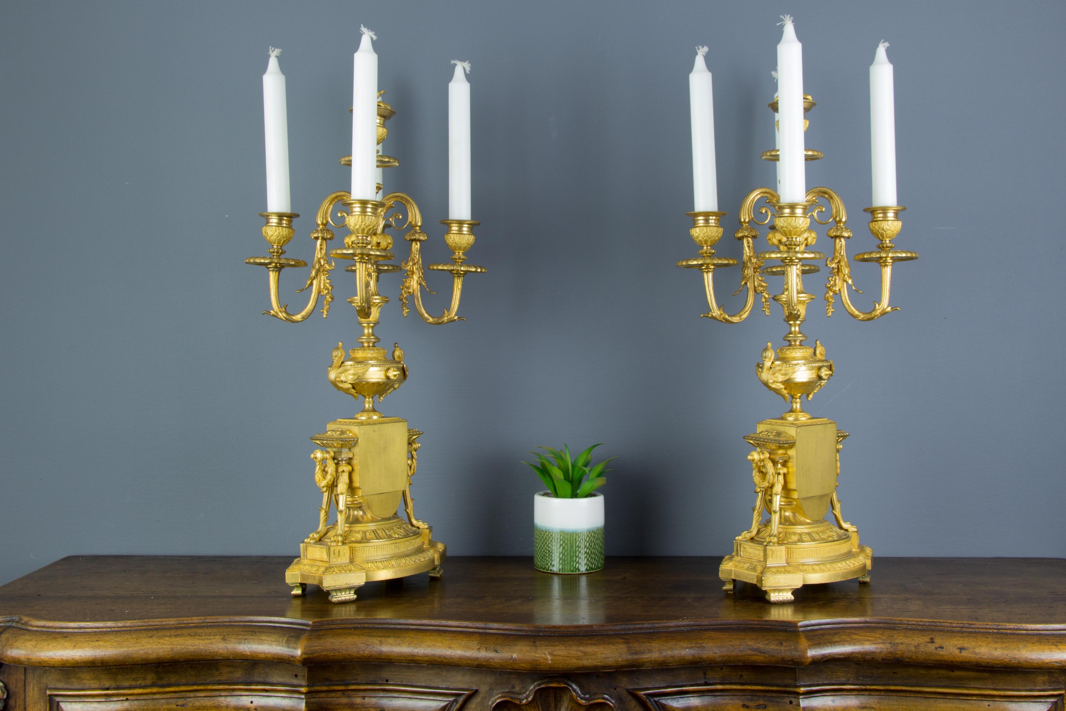 Pair of French Louis XVI Style Gilt Bronze Five-Light Candelabras 2