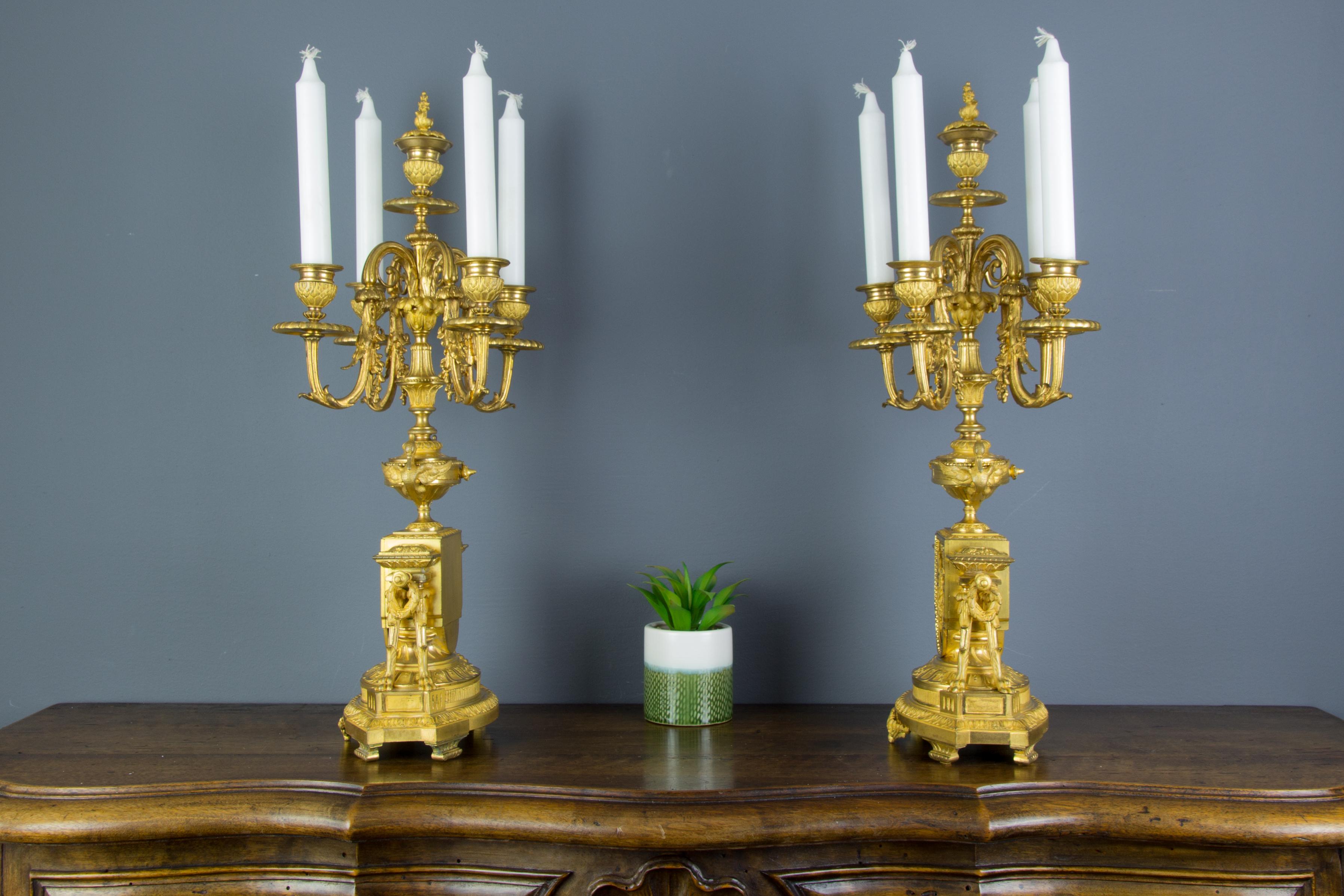 Pair of French Louis XVI Style Gilt Bronze Five-Light Candelabras 3