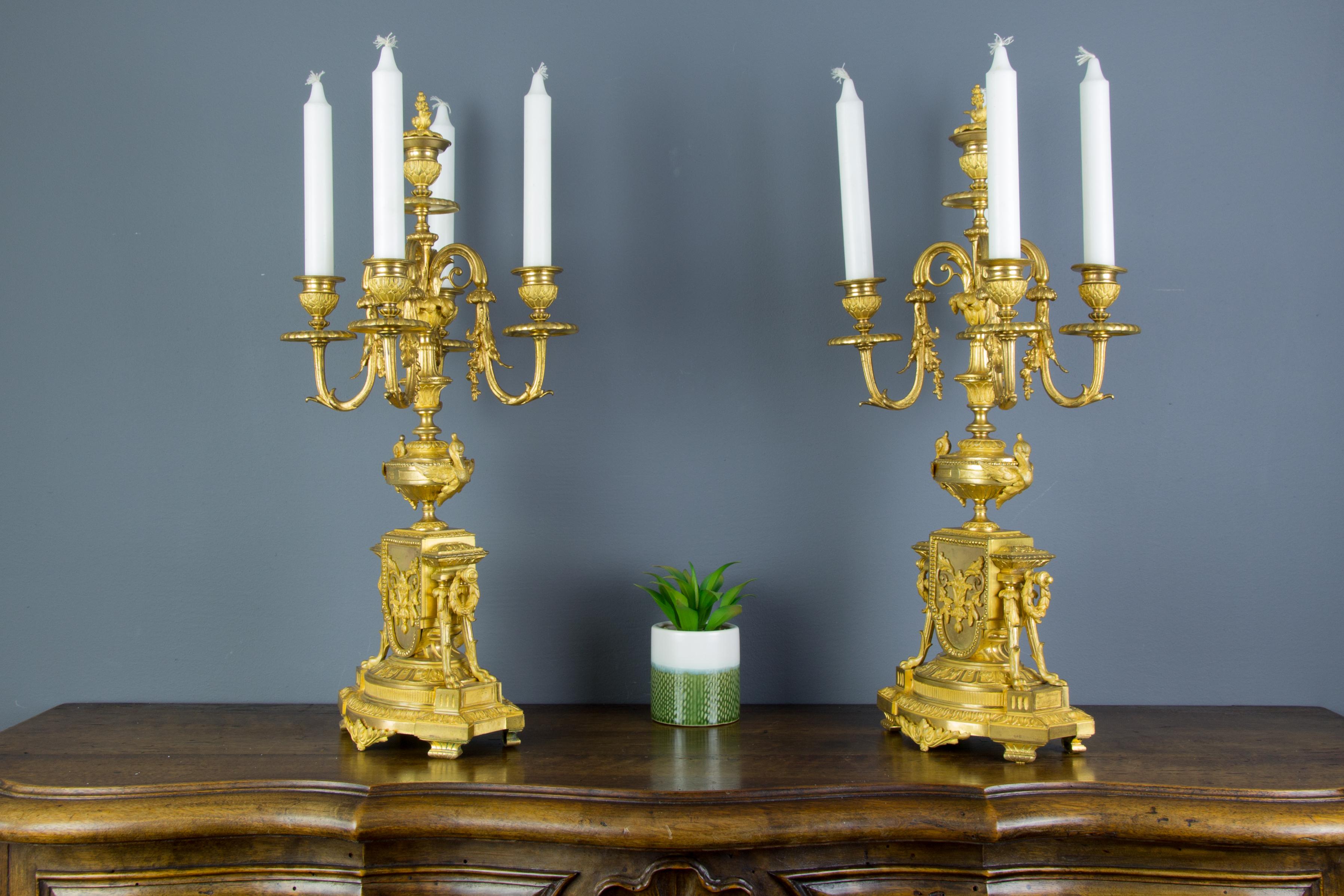 Pair of French Louis XVI Style Gilt Bronze Five-Light Candelabras 4