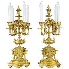 Pair of French Louis XVI Style Gilt Bronze Five-Light Candelabras