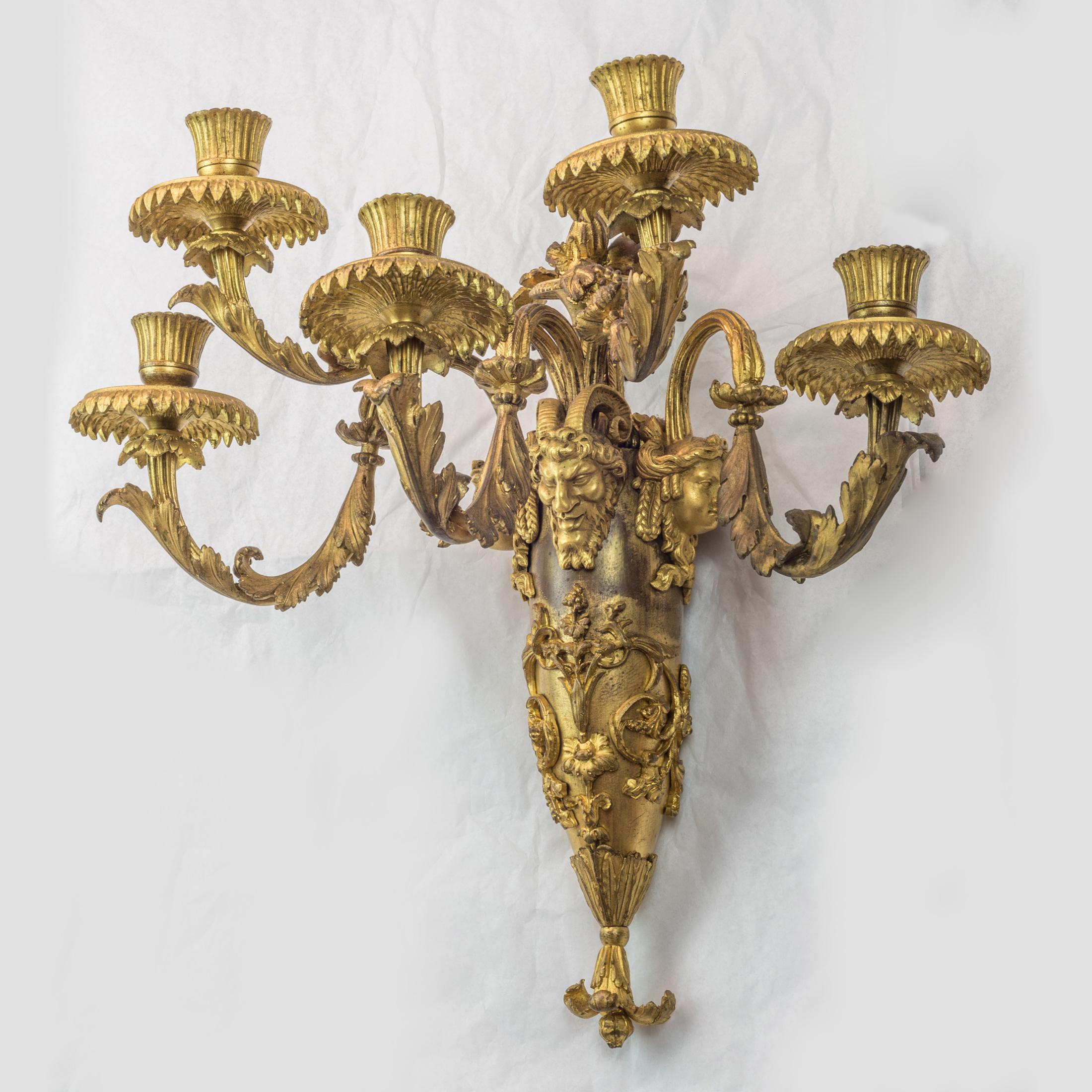 Pair of French Louis XVI Style Gilt Bronze Five-light Wall Sconces In Excellent Condition For Sale In New York, NY