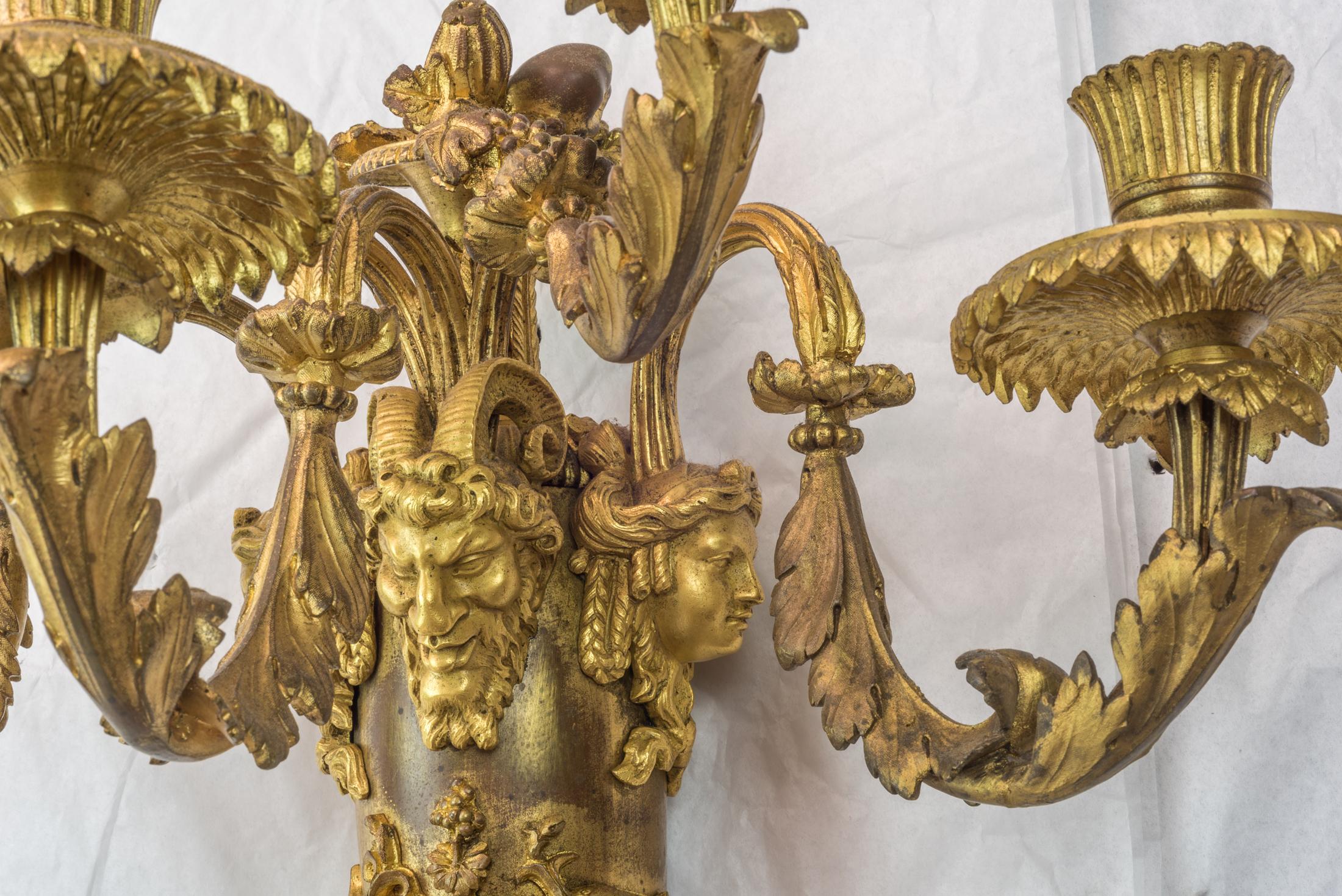 19th Century Pair of French Louis XVI Style Gilt Bronze Five-light Wall Sconces For Sale