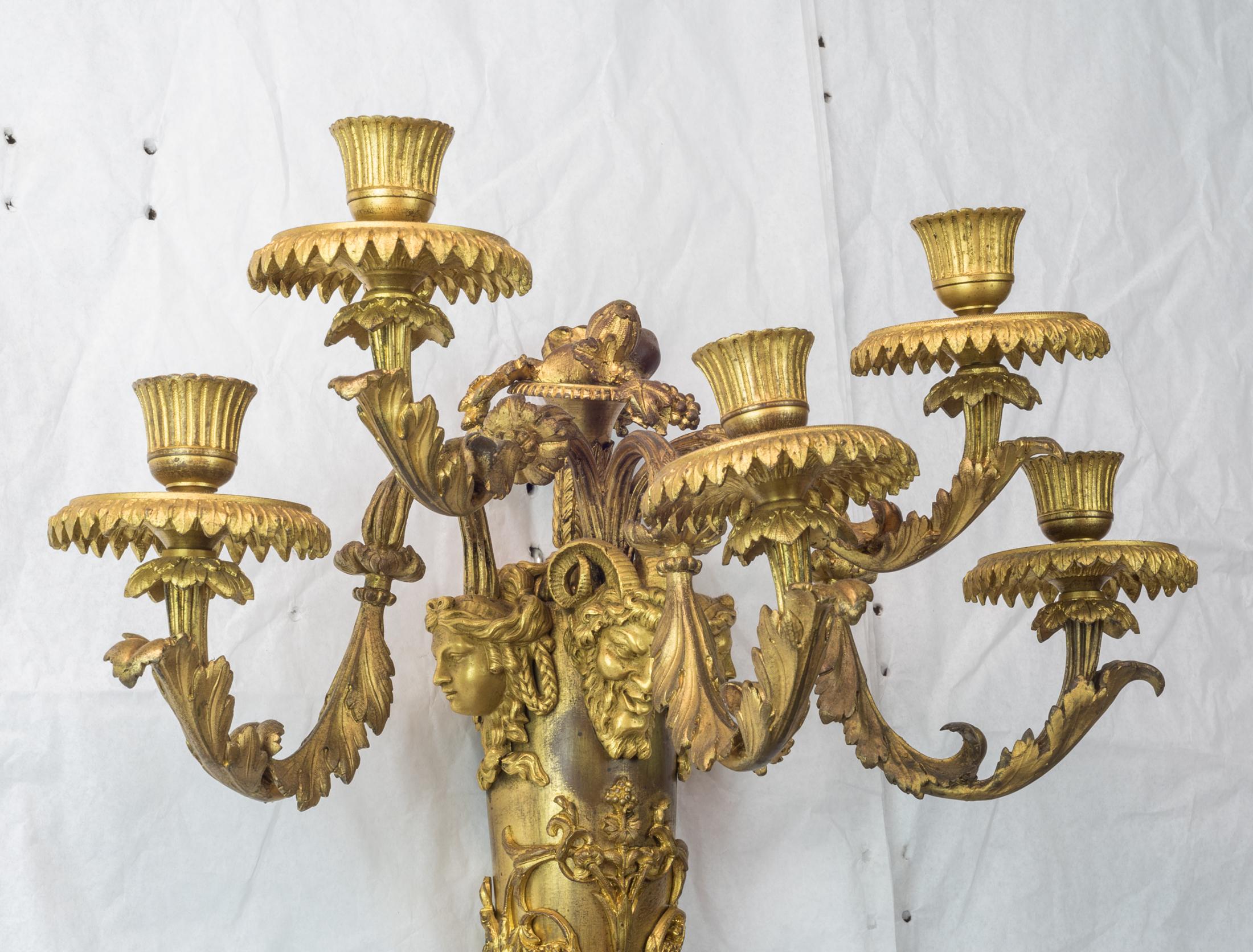 Pair of French Louis XVI Style Gilt Bronze Five-light Wall Sconces For Sale 1