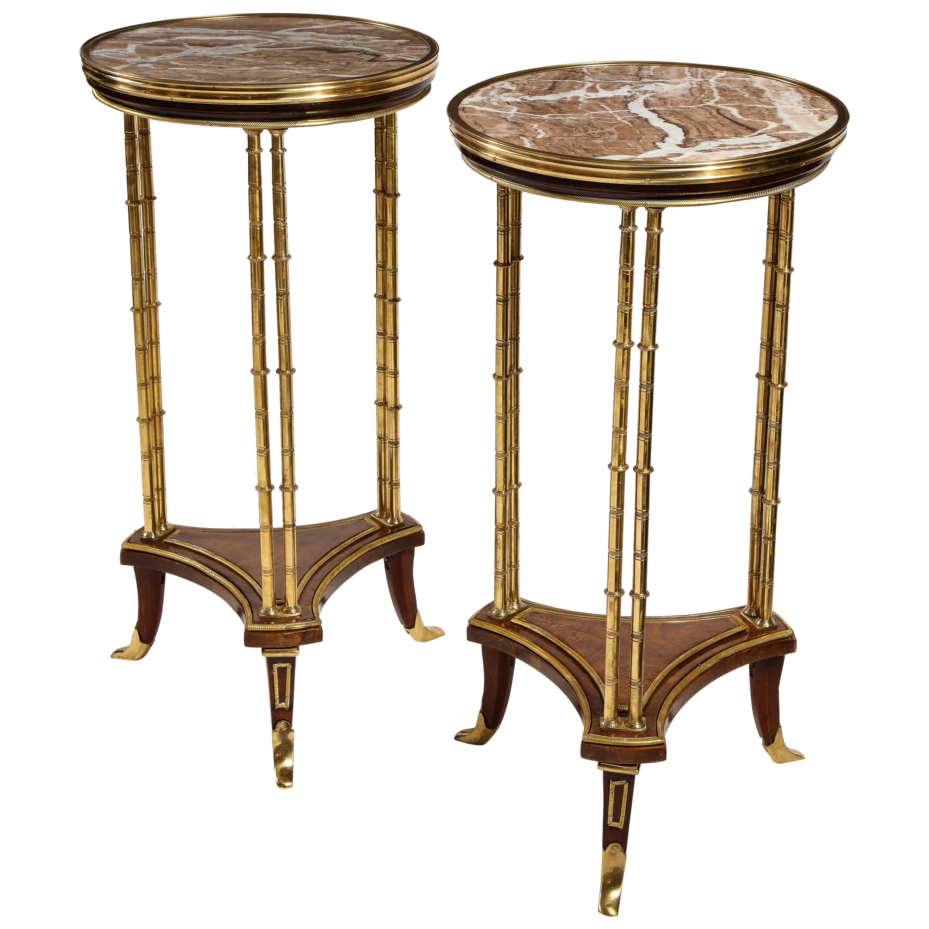 Pair of French Louis XVI Style Gilt Bronze, Mahogany and Marble Side Tables