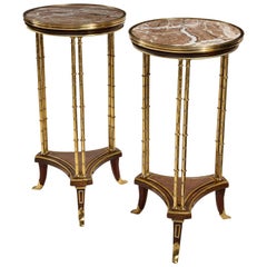 Pair of French Louis XVI Style Gilt Bronze, Mahogany and Marble Side Tables