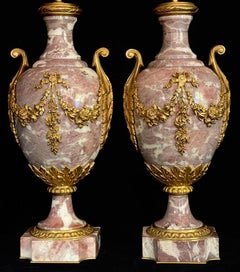 Pair of French Louis XVI Style Gilt Bronze Mounted Sarrancolin Marble Urn Lamps
