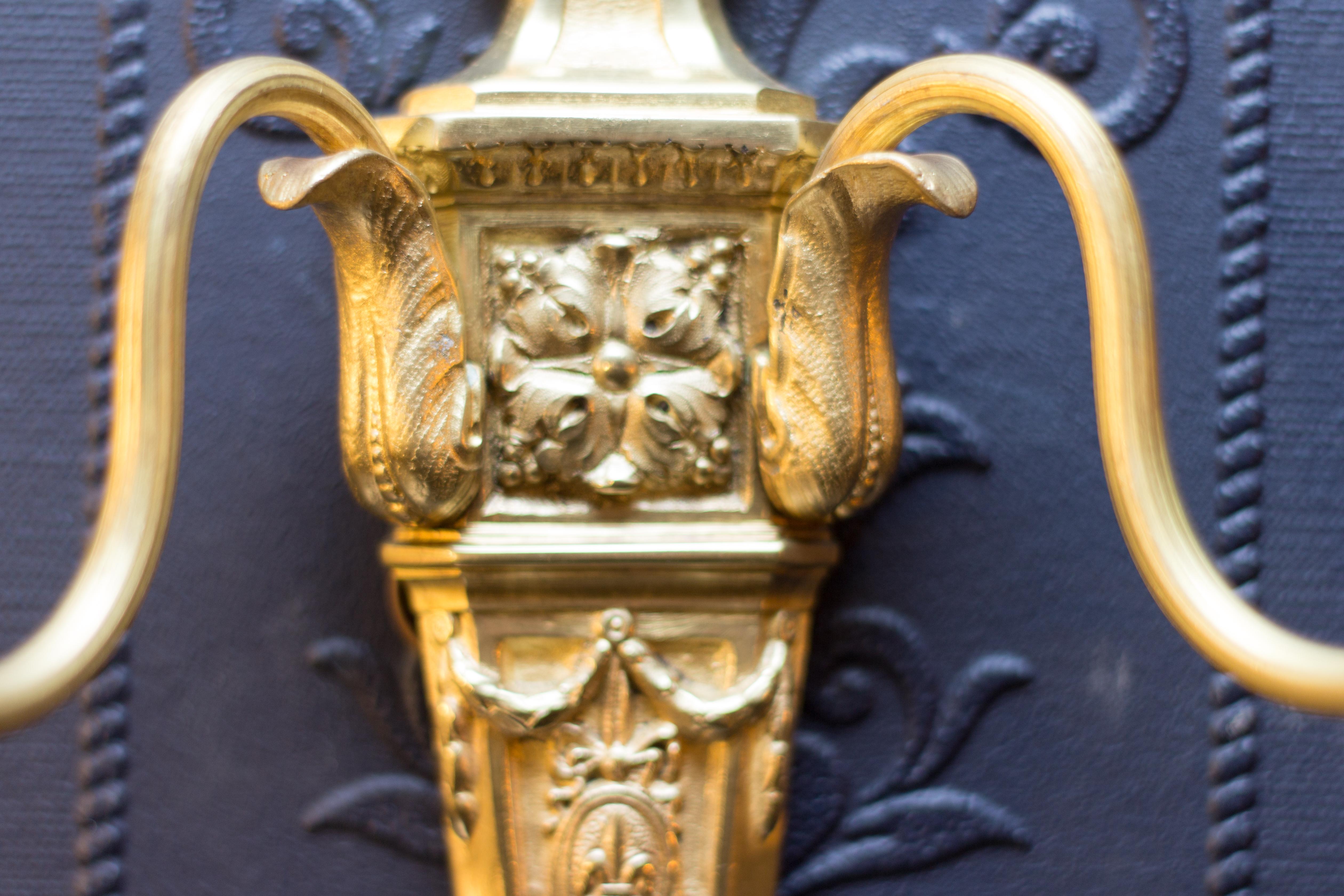 Pair of French Louis XVI Style Two-Light Gilt Bronze Sconces 7