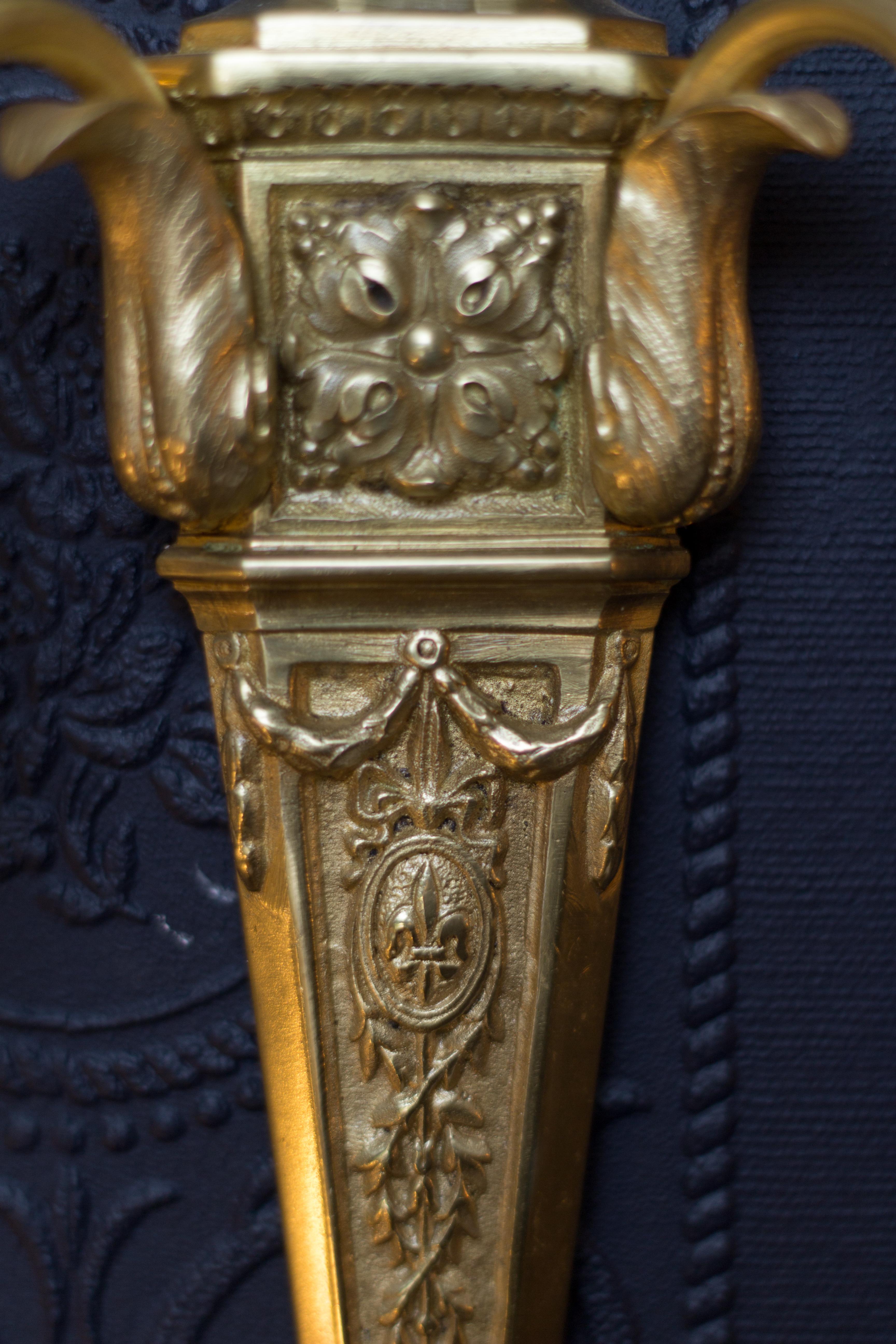 Pair of French Louis XVI Style Two-Light Gilt Bronze Sconces 7