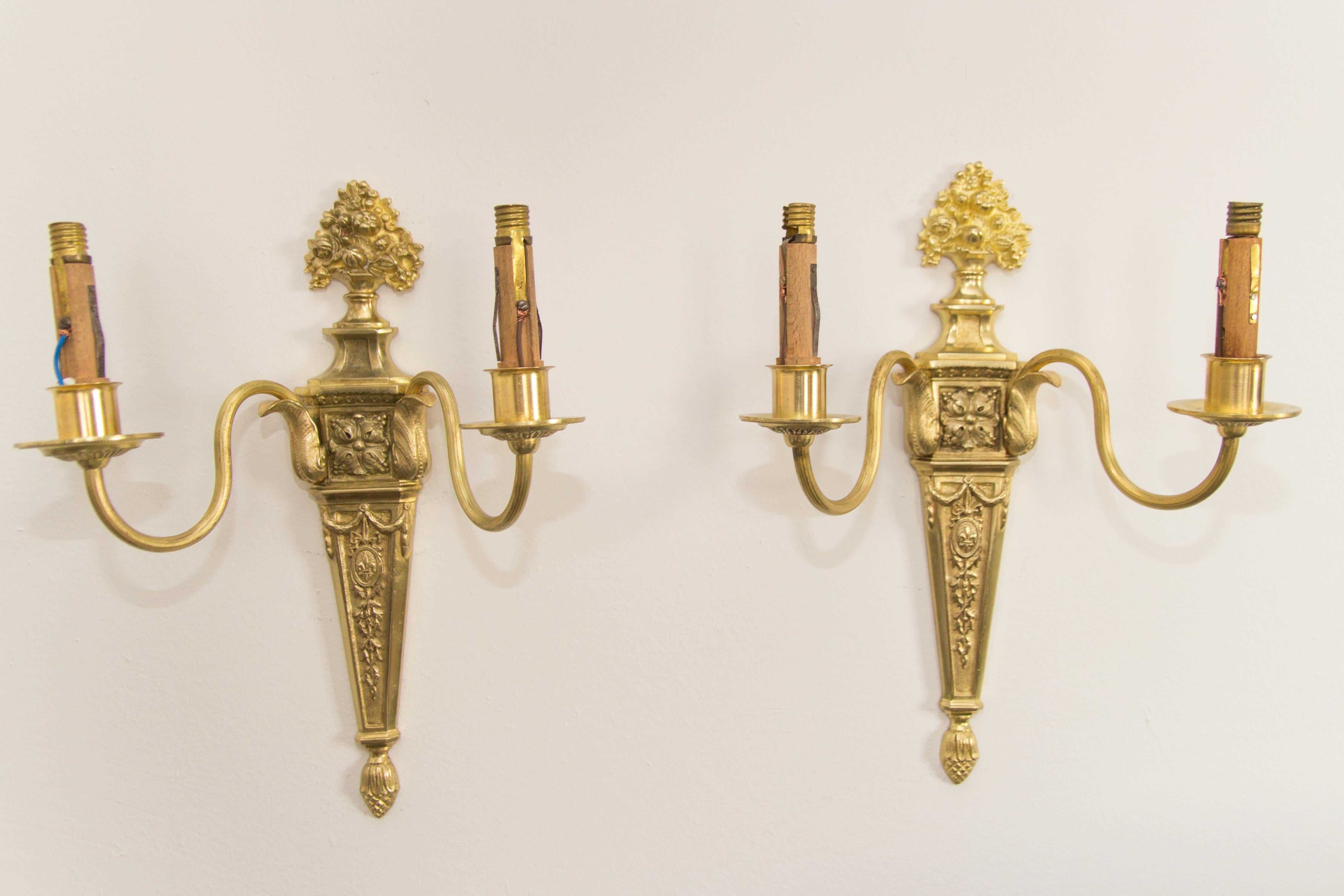 Pair of French Louis XVI Style Two-Light Gilt Bronze Sconces 9