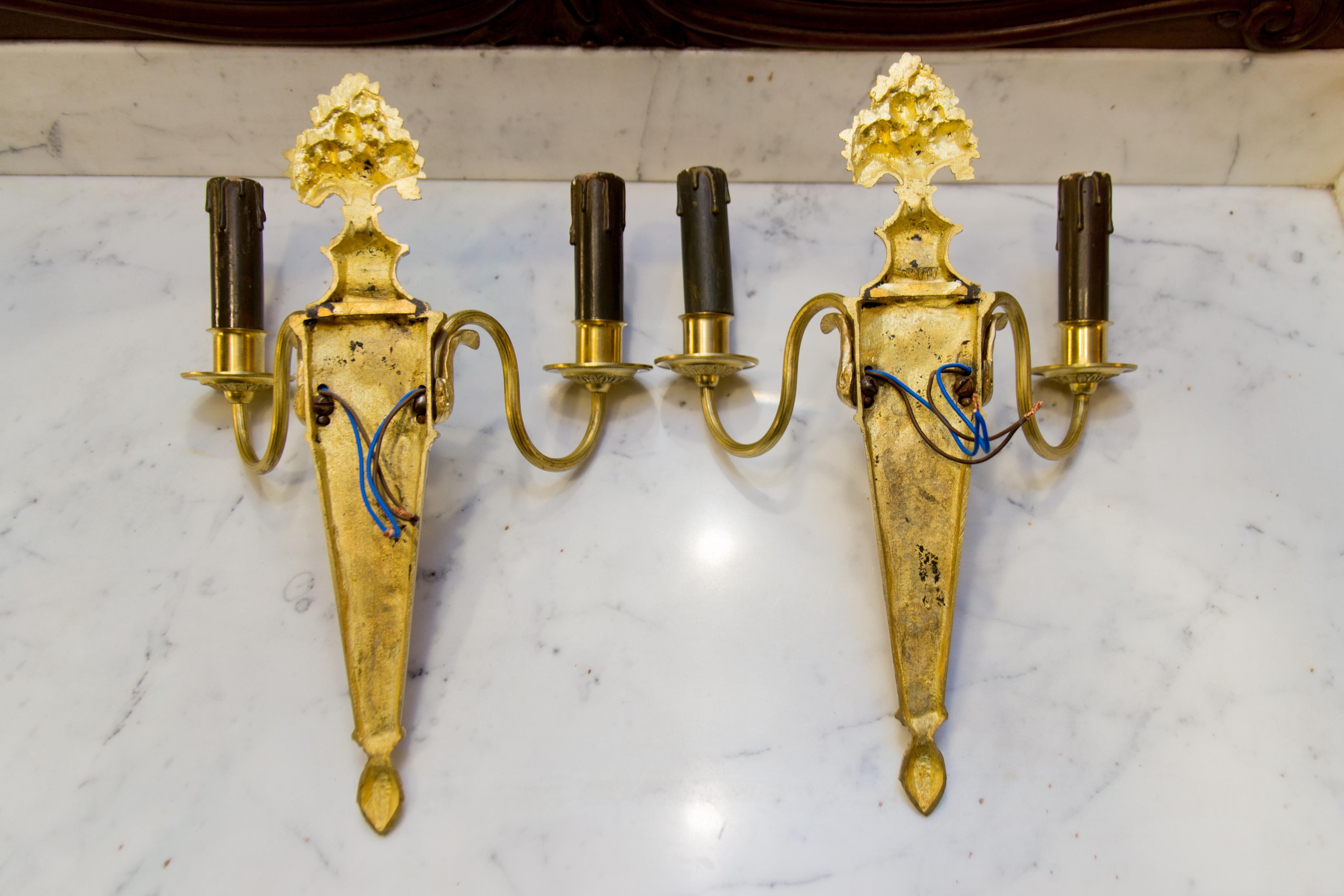 Pair of French Louis XVI Style Two-Light Gilt Bronze Sconces 10