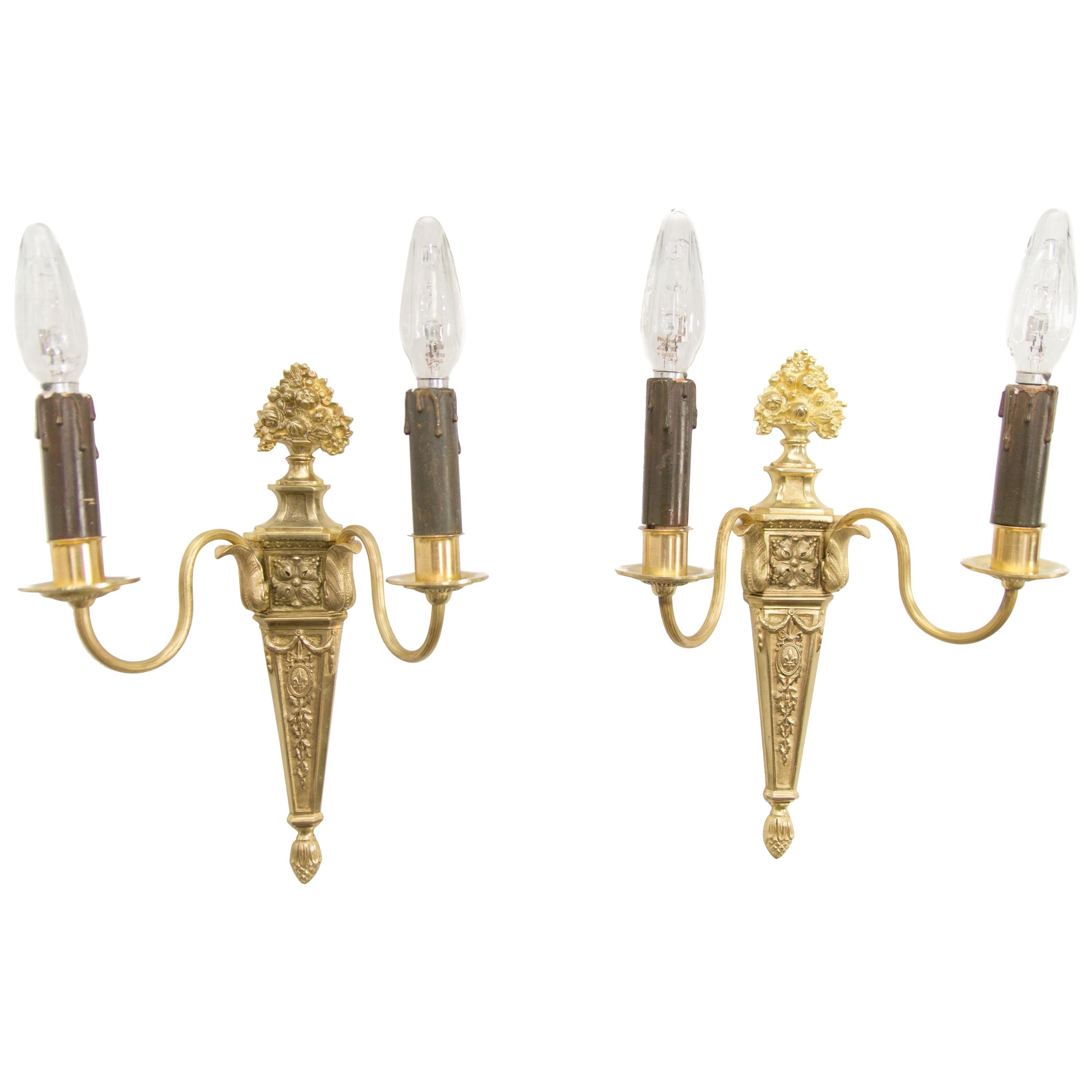 Pair of French Louis XVI Style Two-Light Gilt Bronze Sconces