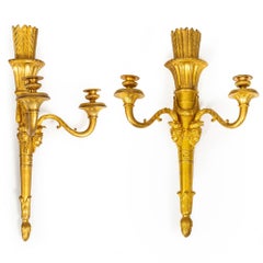 Pair of French Louis XVI Style Gilt-Bronze Two Light Wall Sconces Candelabra