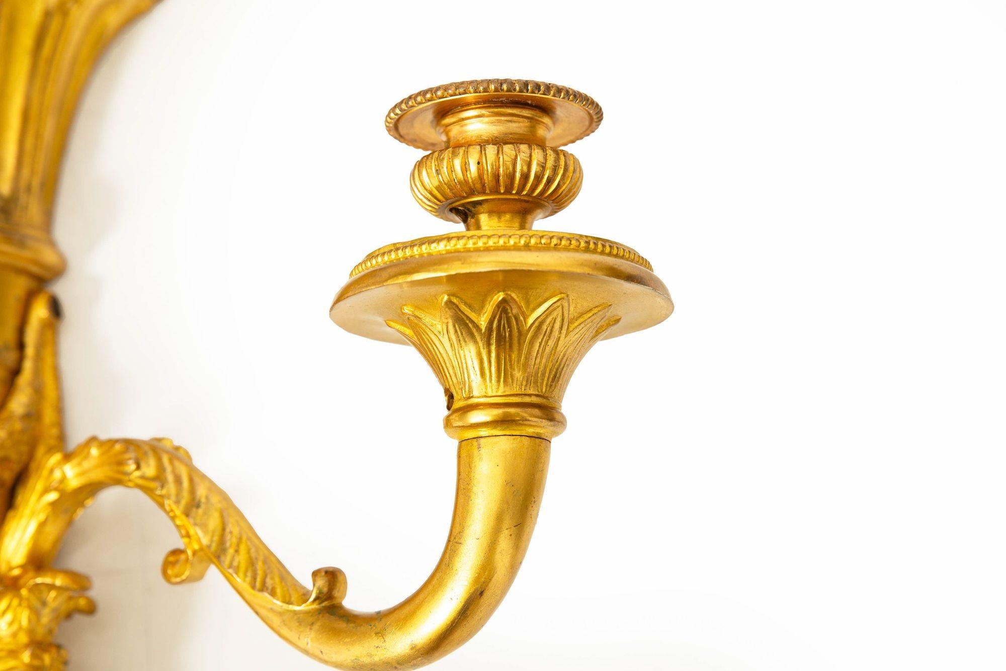 Pareja de candelabros de pared de dos luces de bronce dorado estilo Luis XVI francés en Bueno estado para la venta en Shippensburg, PA