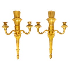 Pair of French Louis XVI Style Gilt-Bronze Two Light Wall Sconces Candelabra