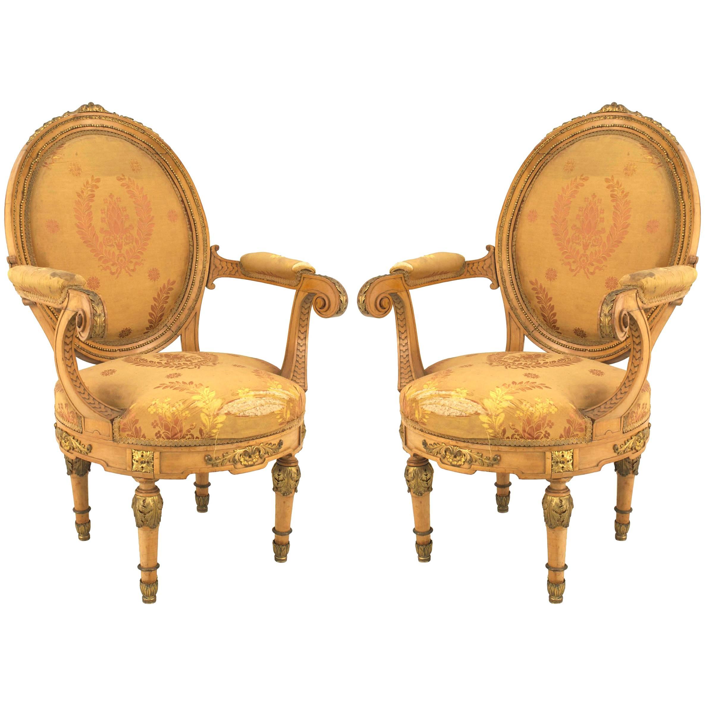 Pair of French Louis XVI Yellow Silk Armchairs