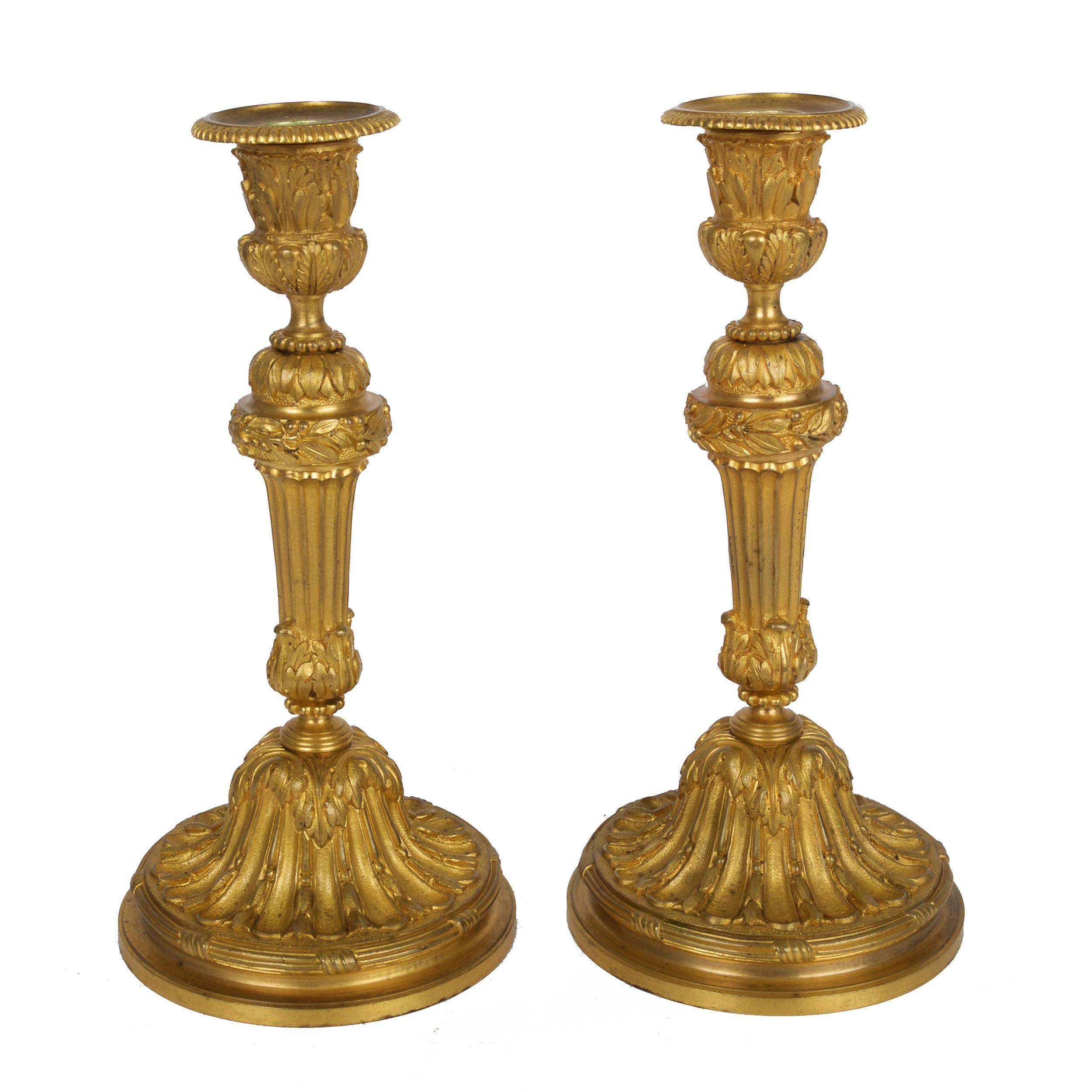 Pair of French Louis XVI Style Gilt Ormolu Bronze Candlesticks, 19th Century In Good Condition In Shippensburg, PA