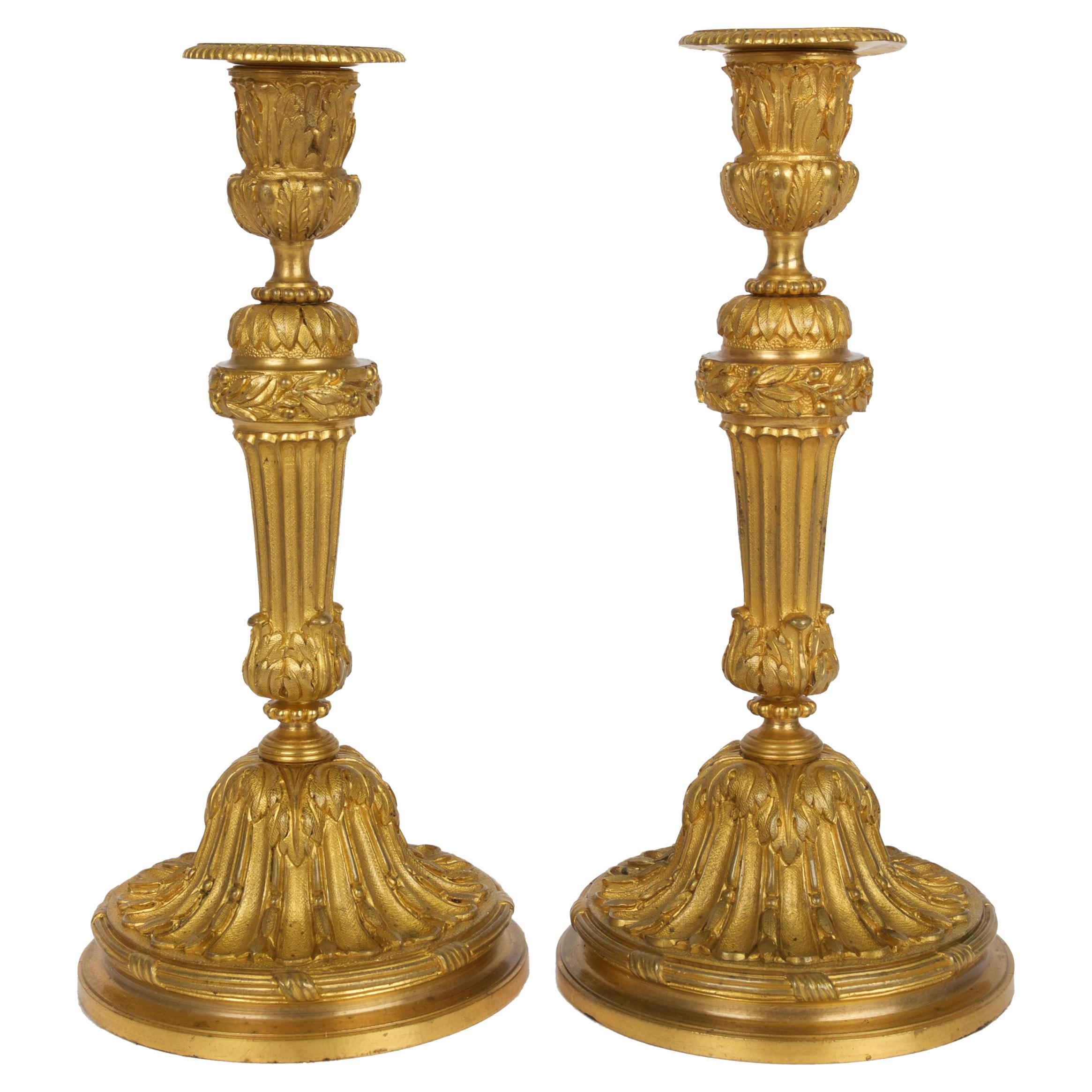 Pair of French Louis XVI Style Gilt Ormolu Bronze Candlesticks, 19th Century