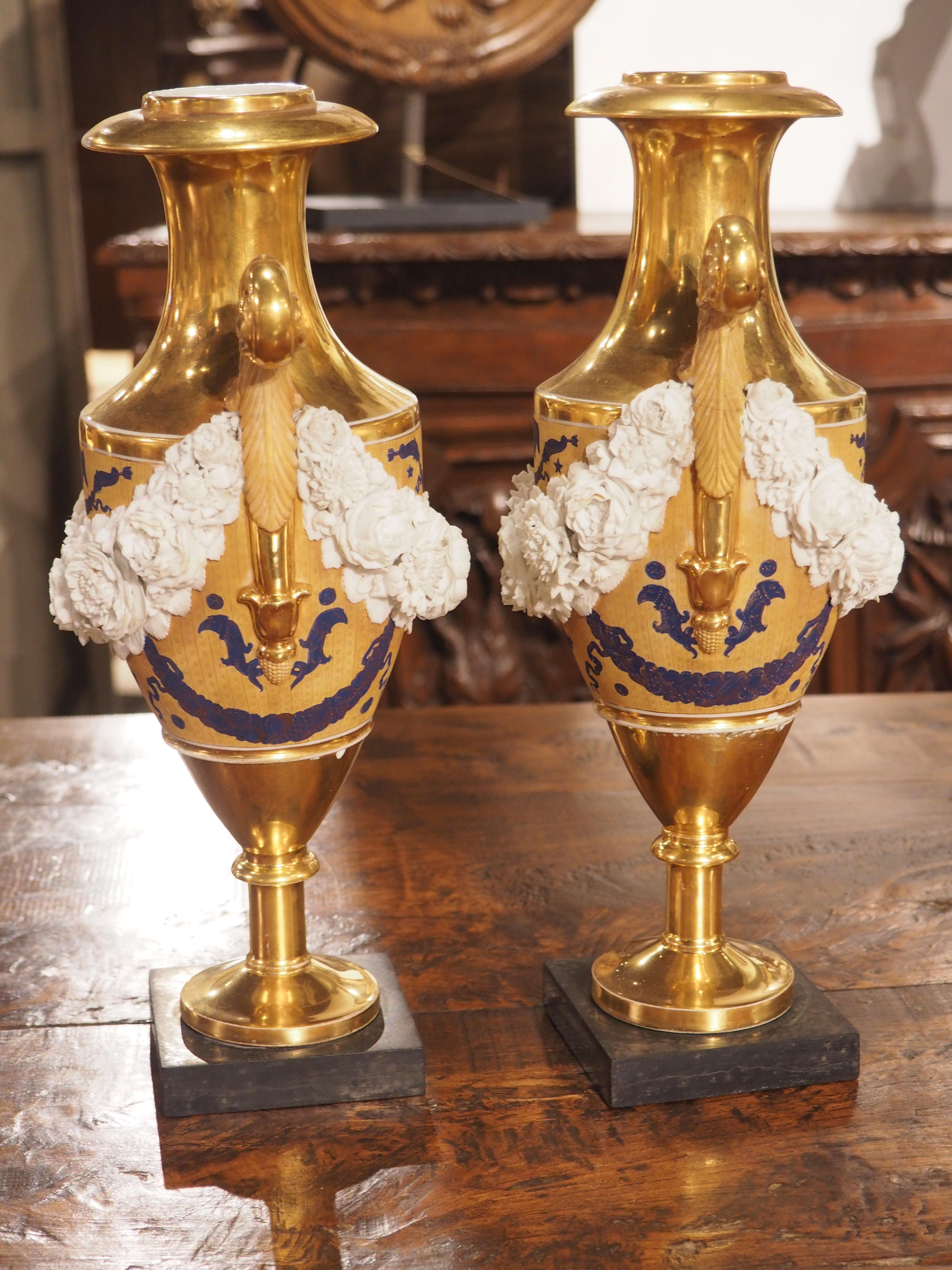 Pair of French Louis XVI Style Gilt Vases with Bisque Swags, circa 1870 For Sale 7