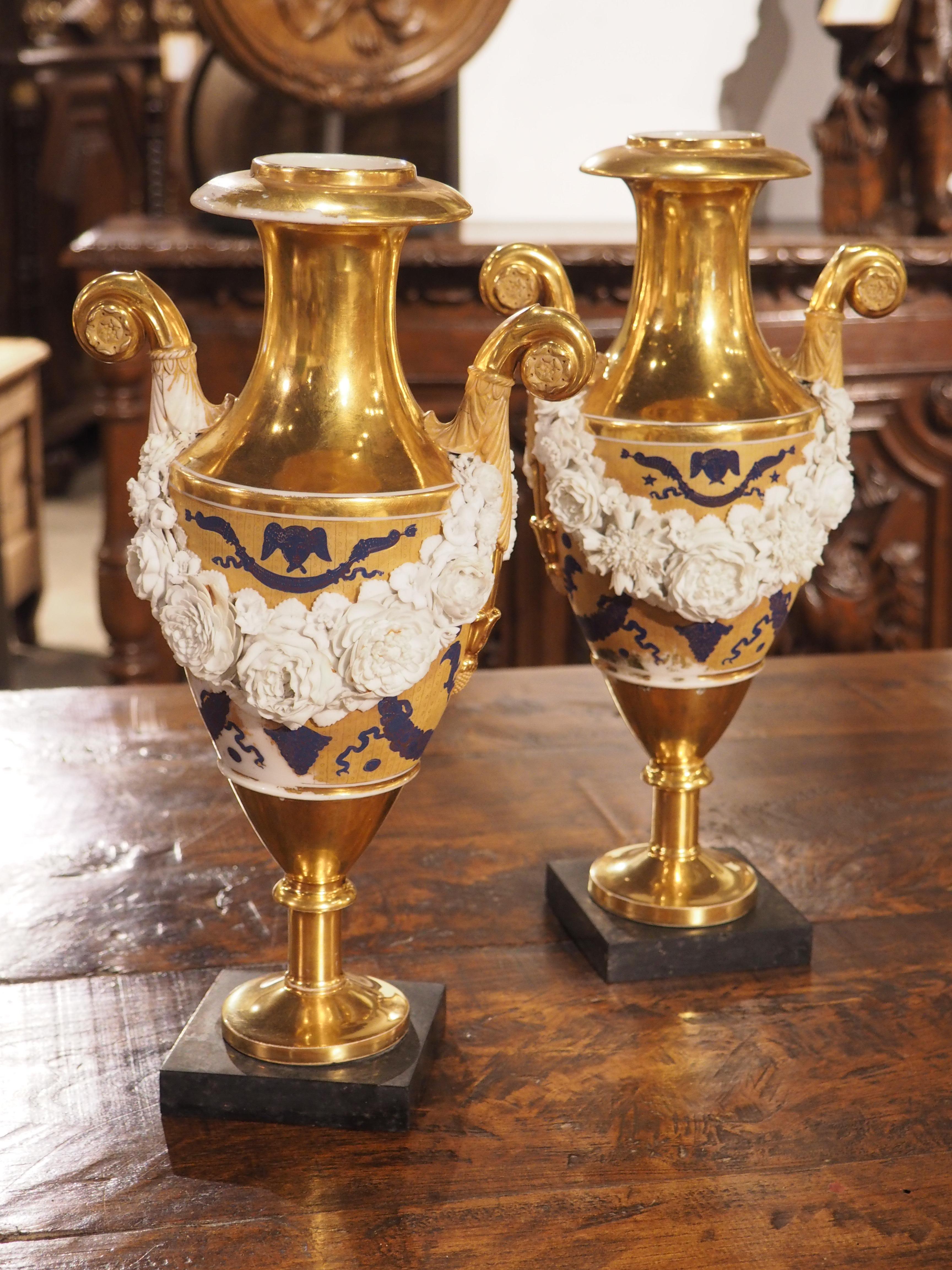Pair of French Louis XVI Style Gilt Vases with Bisque Swags, circa 1870 For Sale 4