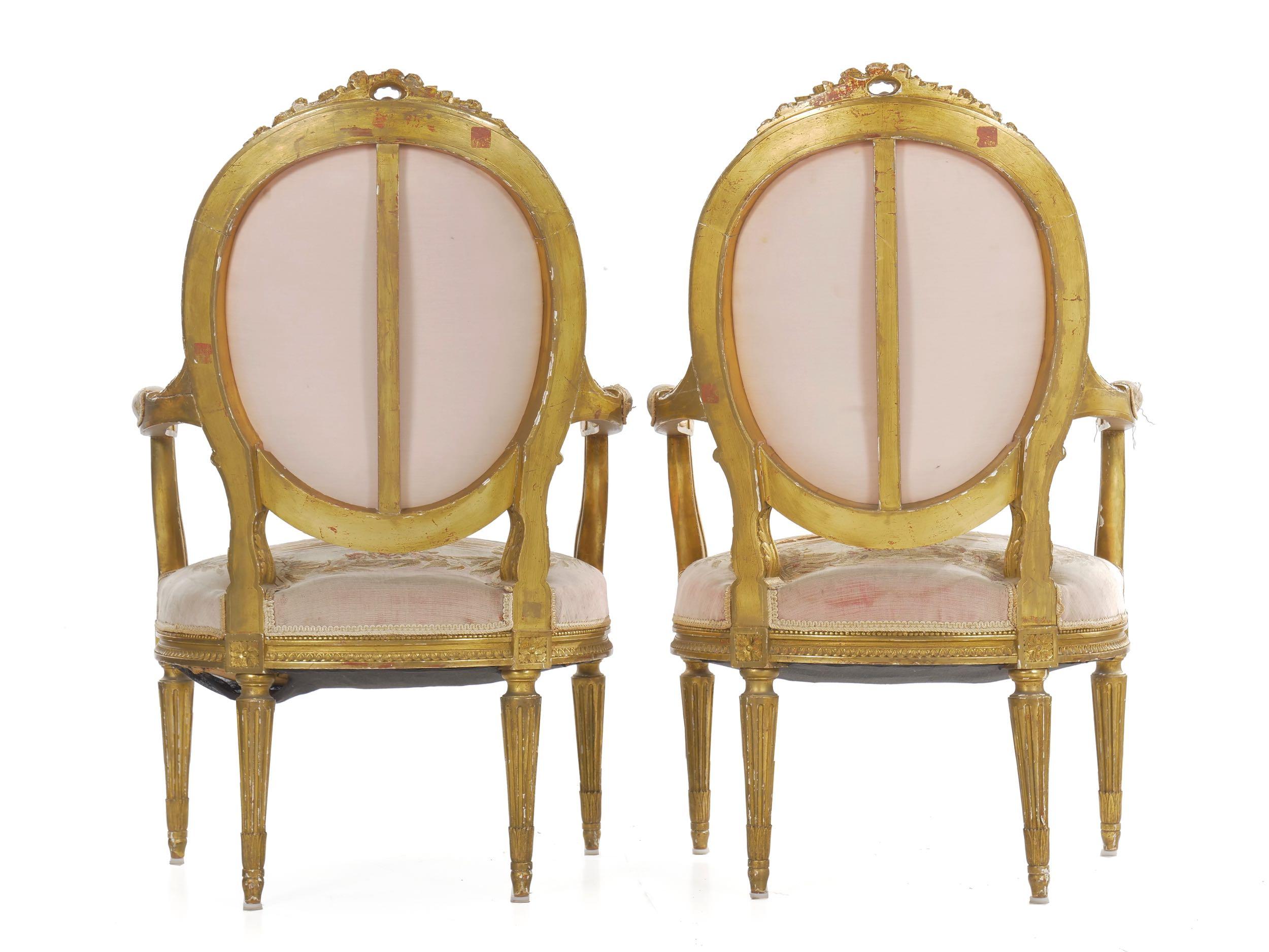 Carved Pair of French Louis XVI Style Giltwood Antique Armchairs Fauteuils