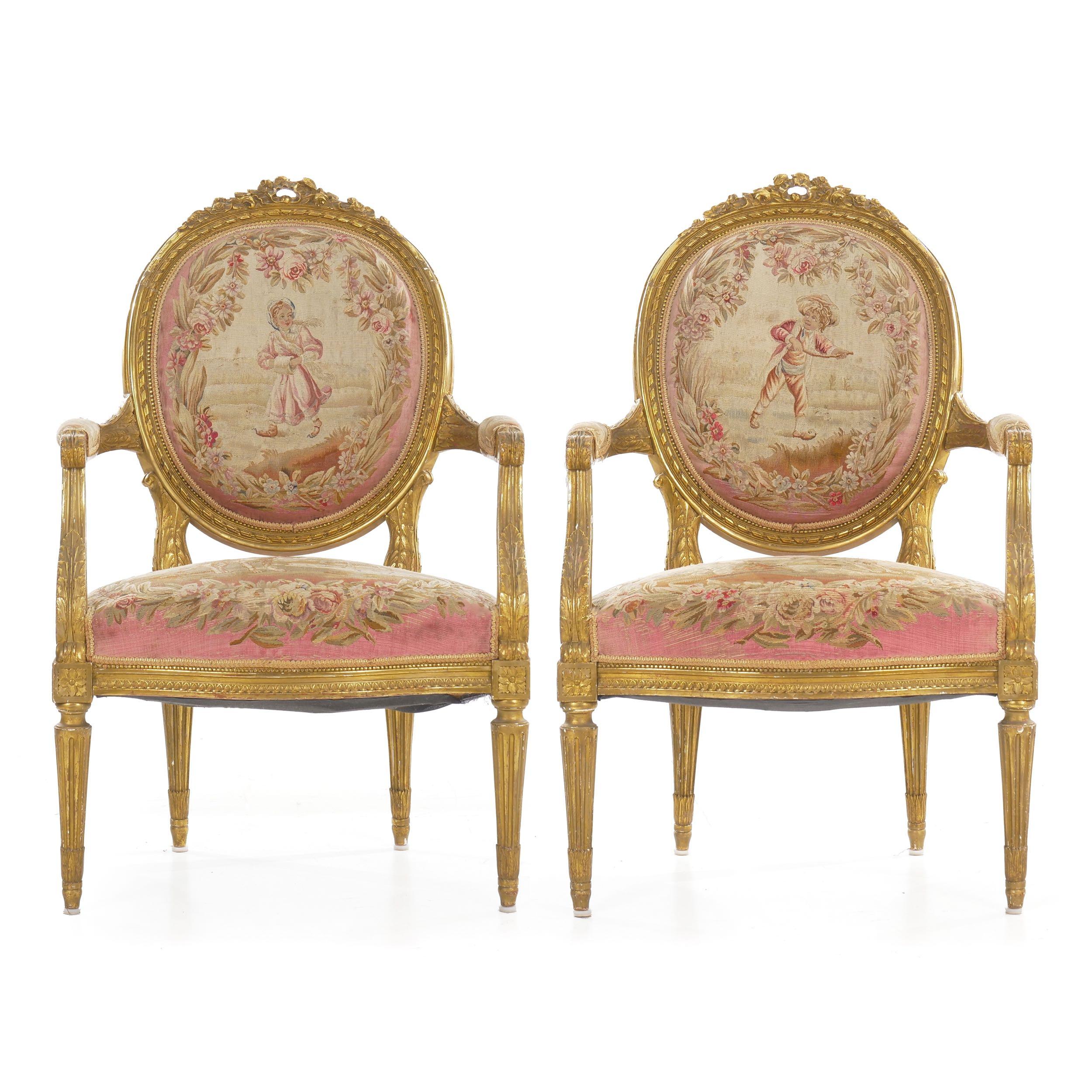 20th Century Pair of French Louis XVI Style Giltwood Antique Armchairs Fauteuils