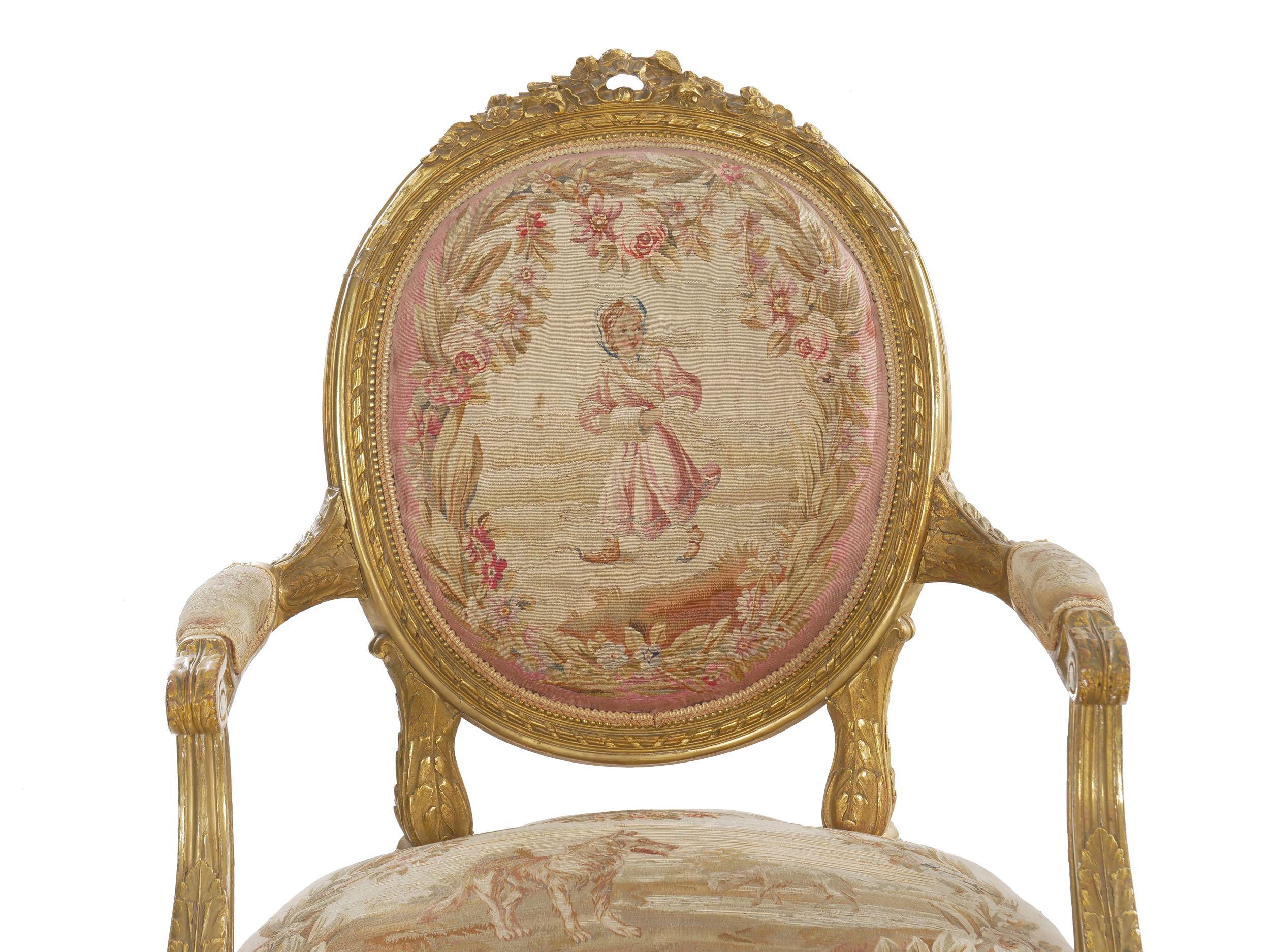 Tapestry Pair of French Louis XVI Style Giltwood Antique Armchairs Fauteuils