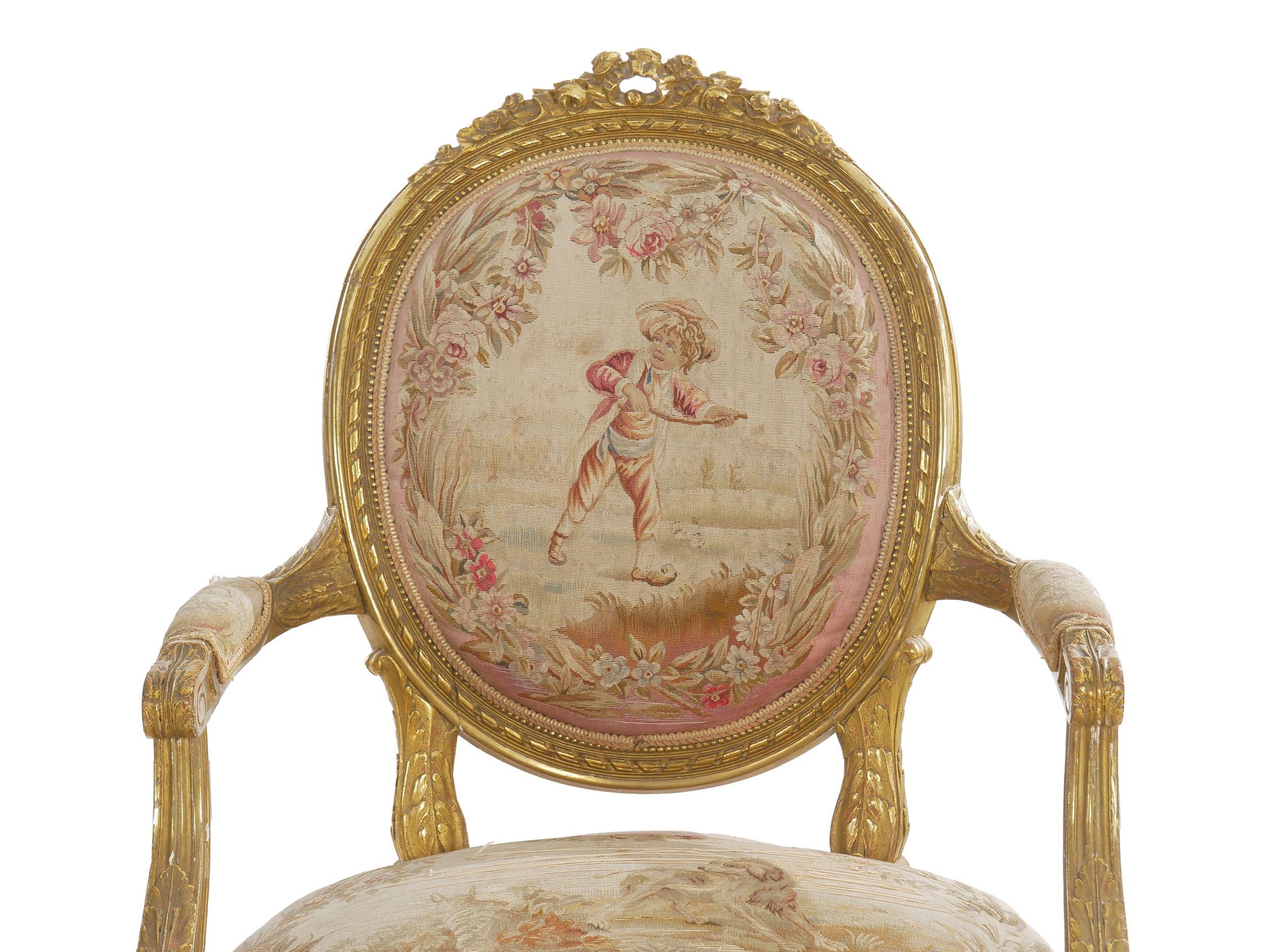 Pair of French Louis XVI Style Giltwood Antique Armchairs Fauteuils 1