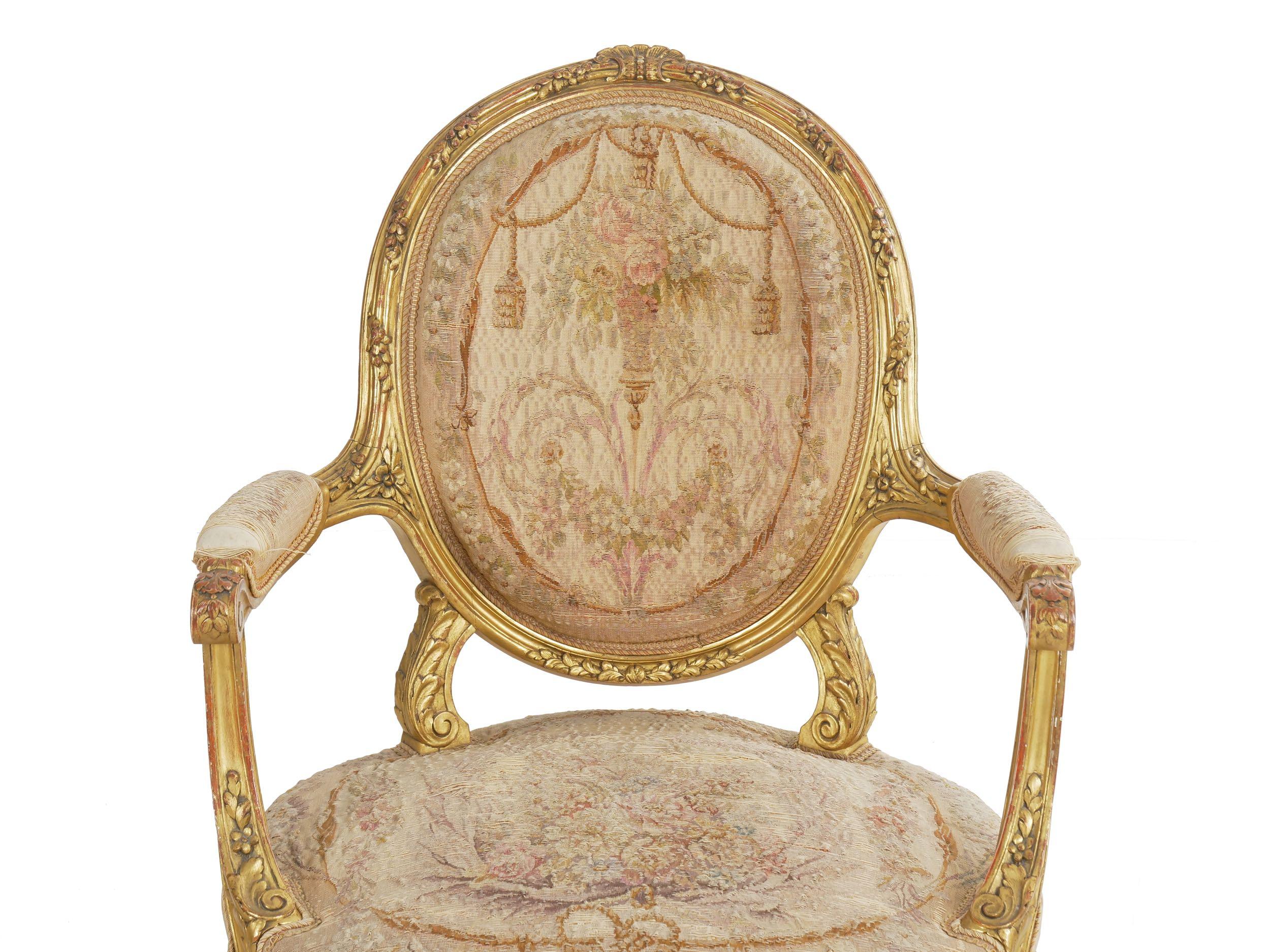 Carved Pair of French Louis XVI Style Giltwood Antique Armchairs, Paris, circa 1900