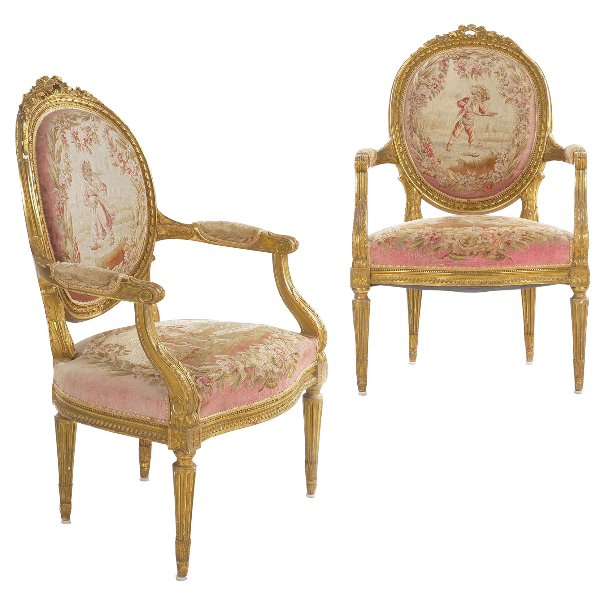 Pair of French Louis XVI Style Giltwood Antique Armchairs Fauteuils