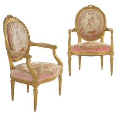 Pair of French Louis XVI Style Giltwood Antique Armchairs Fauteuils