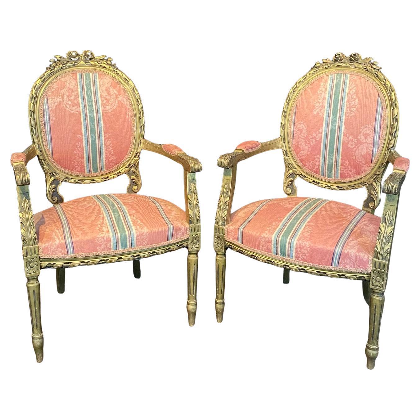 Pair of French Louis XVI Style Giltwood Armchairs