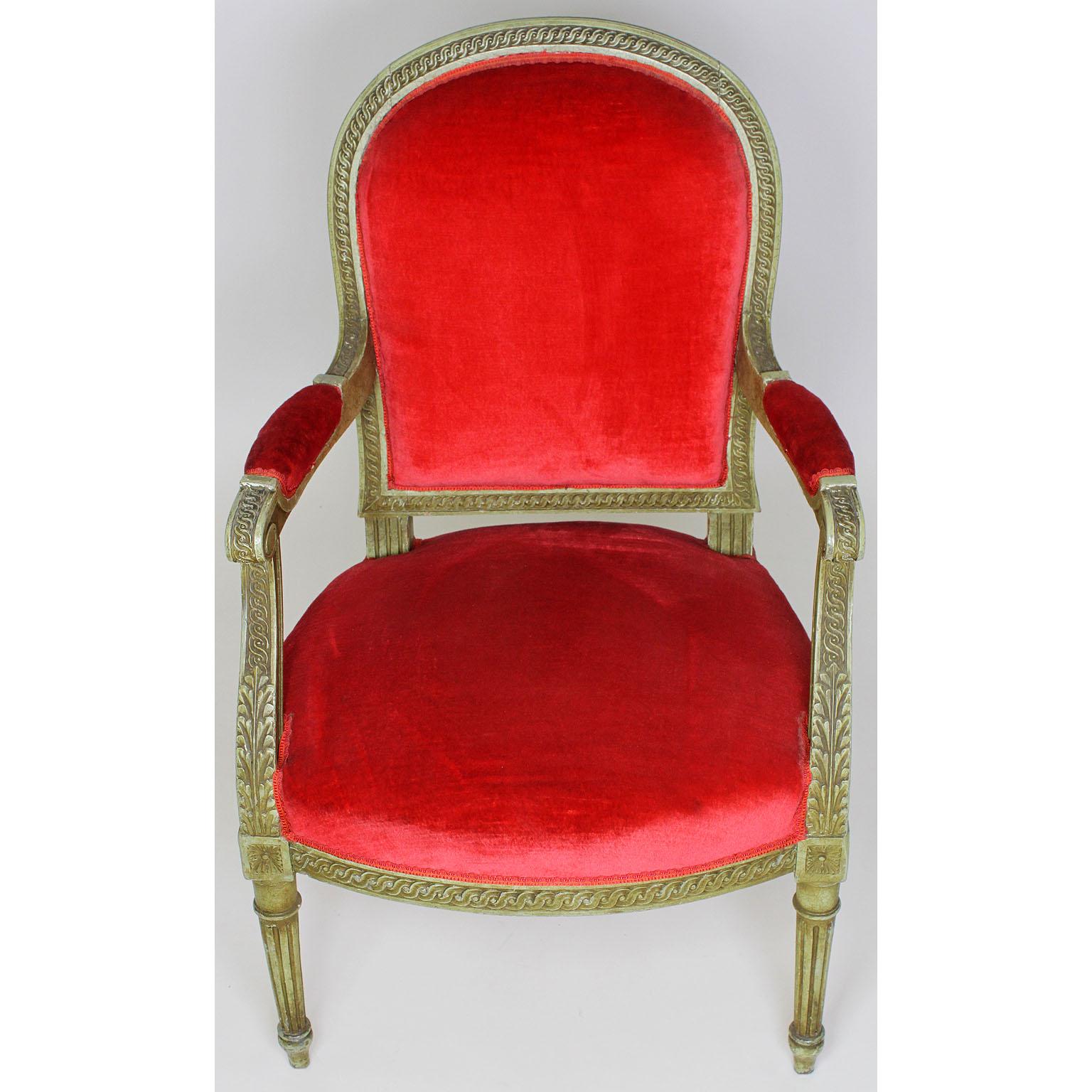 20th Century Pair of French Louis XVI Style Giltwood Carved Lacquered Fauteuils Armchairs For Sale