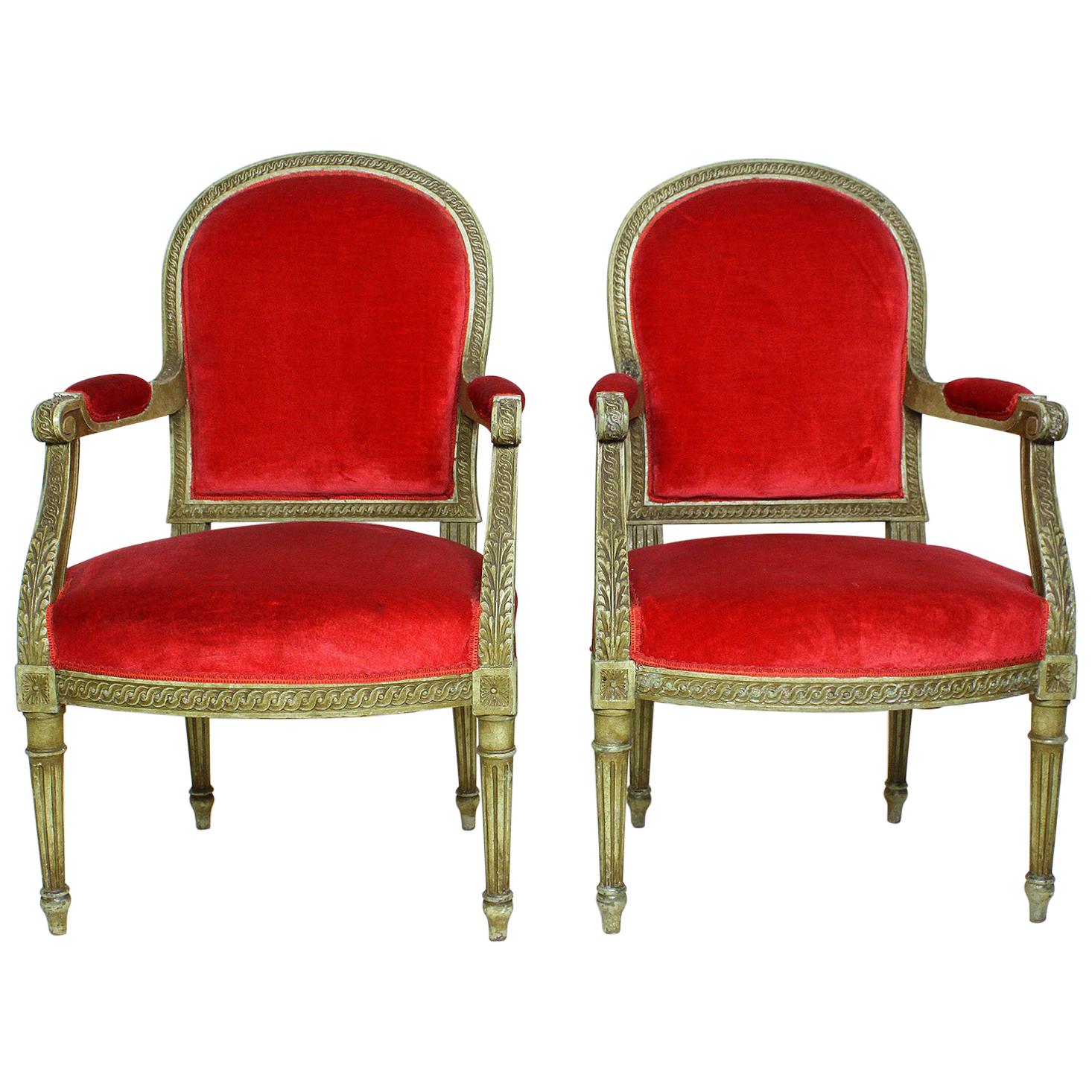 Pair of French Louis XVI Style Giltwood Carved Lacquered Fauteuils Armchairs