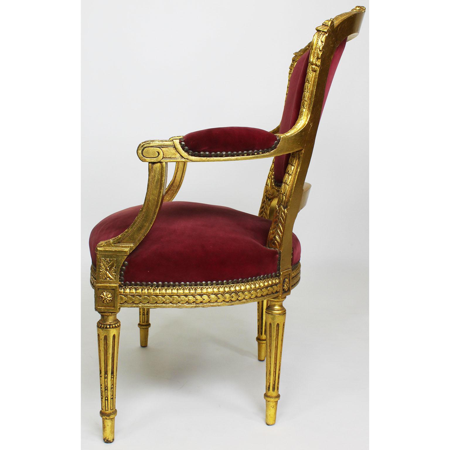 Pair of French Louis XVI Style Giltwood Carved Rococo Fauteuils Armchairs 1