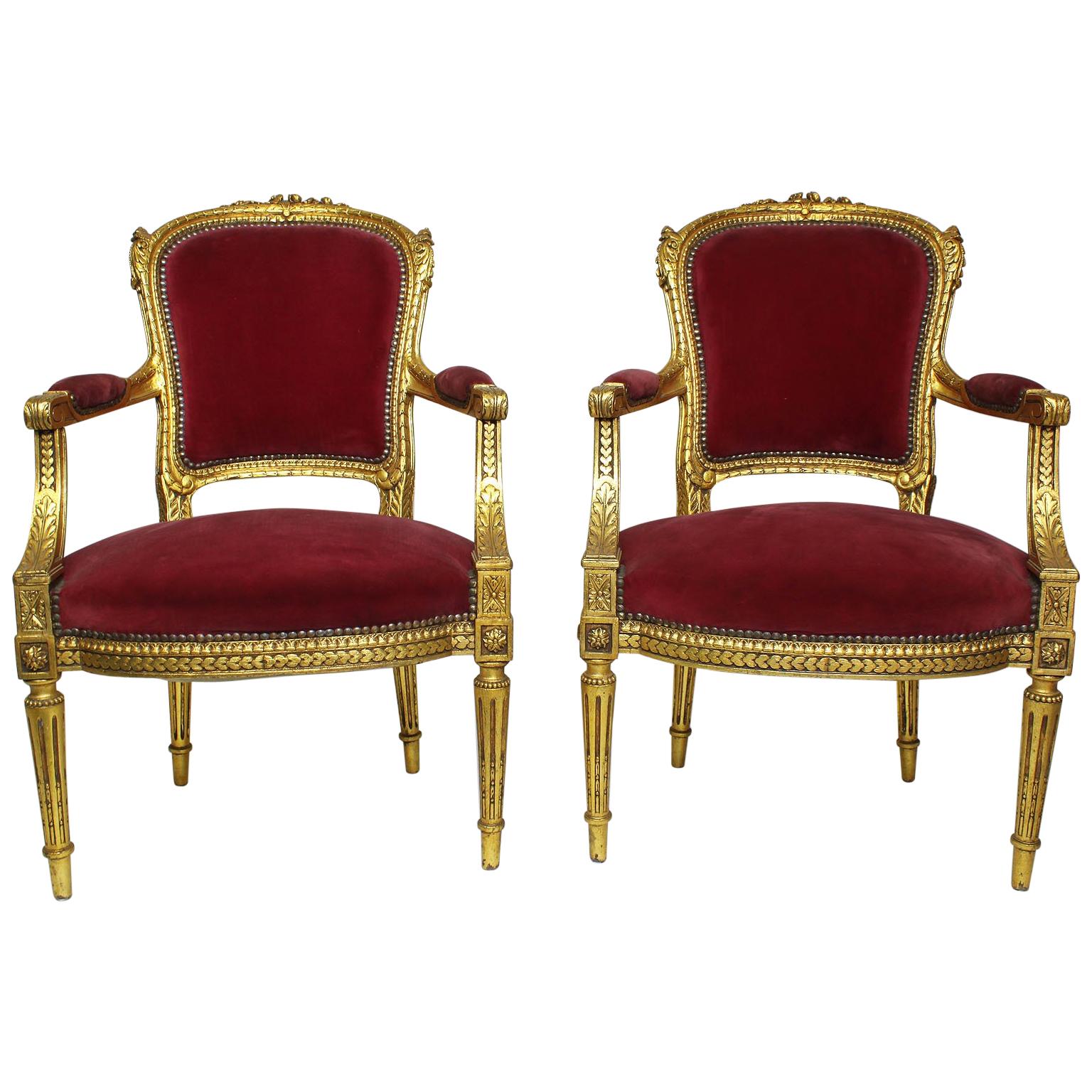 Pair of French Louis XVI Style Giltwood Carved Rococo Fauteuils Armchairs