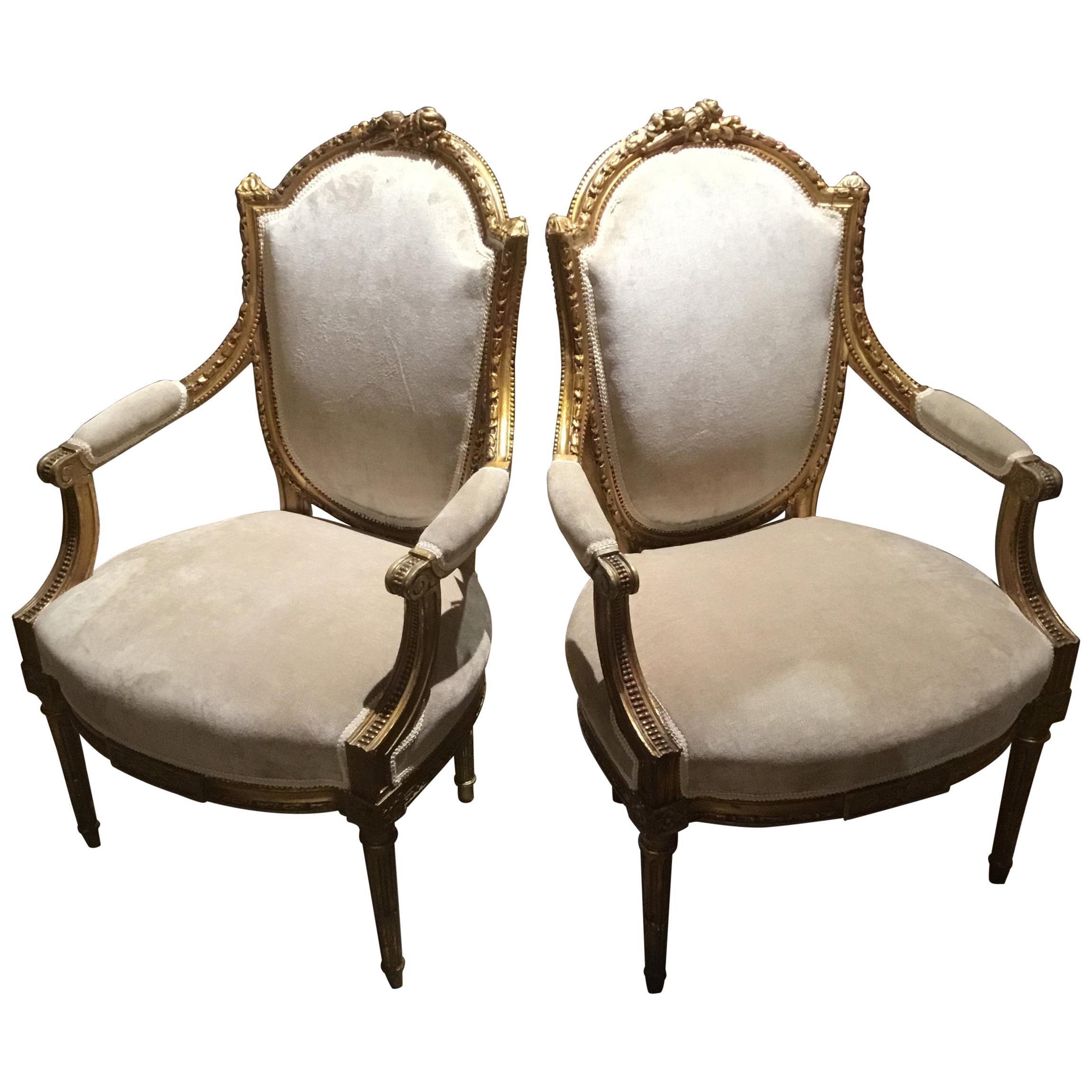 Pair of French Louis XVI Style Giltwood Chairs with New Cream Upholstery For Sale