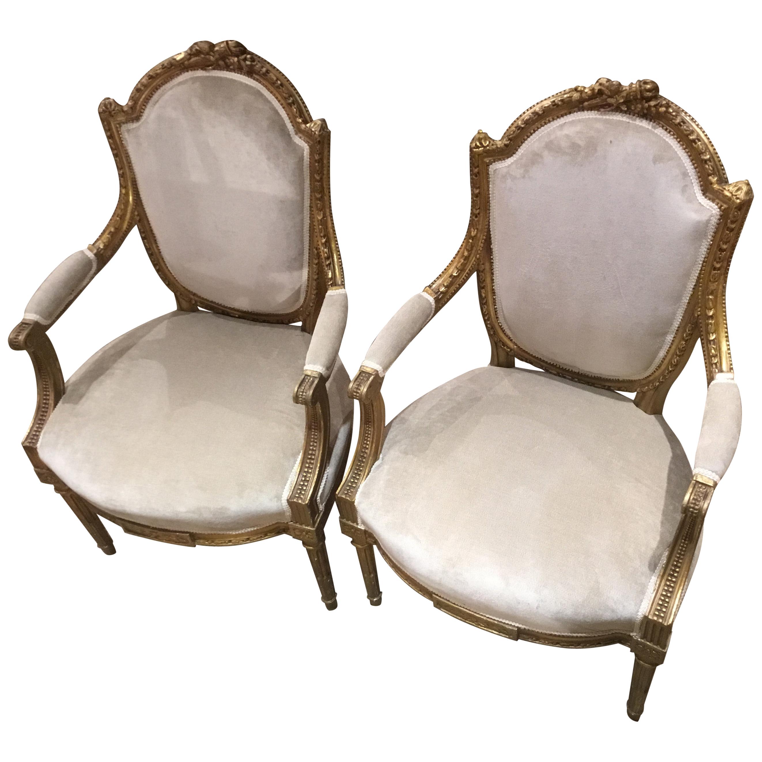 Pair of French Louis XVI Style Giltwood Chairs with New Cream Upholstery For Sale