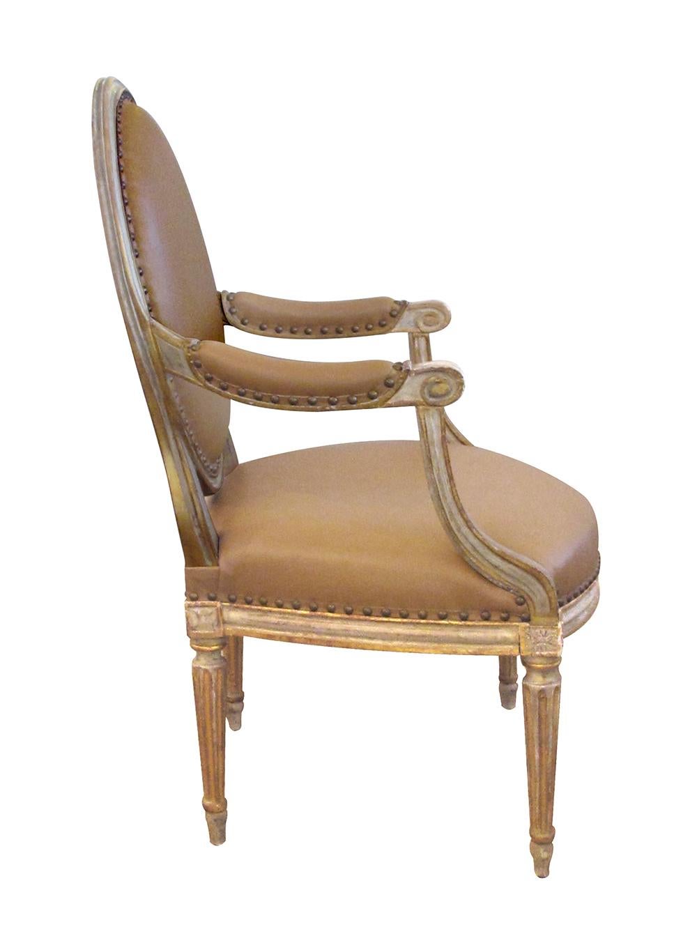 Pair of French Louis XVI Style Grey/Green Painted and Parcel-Gilt Armchairs 1