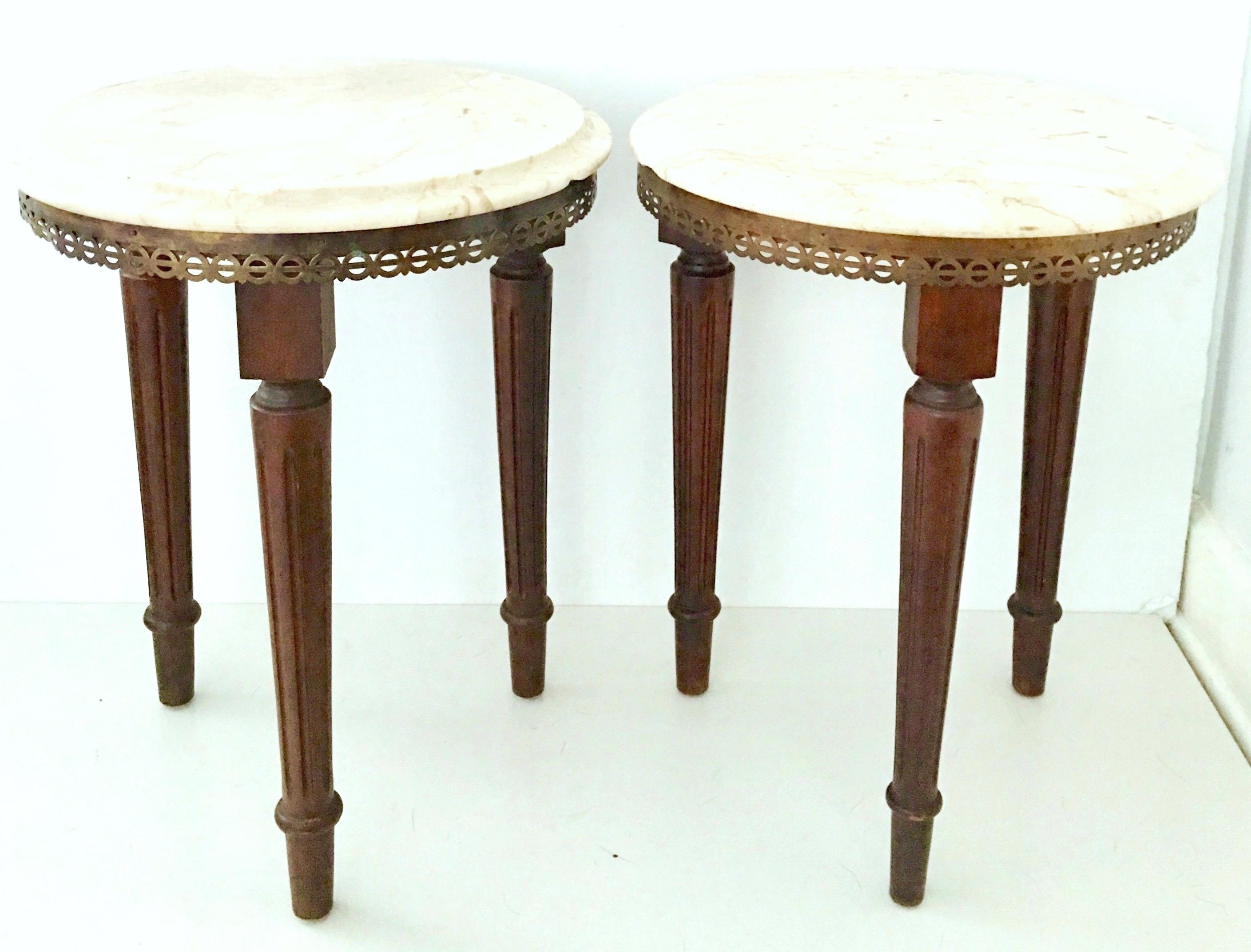 Pair Of French Louis XVI Style Guerdion Mahogany & Marble Top Tables-Signed In Excellent Condition For Sale In West Palm Beach, FL