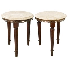 Pair of French Louis XVI Style Guerdion Mahogany & Marble-Top Tables-Signed