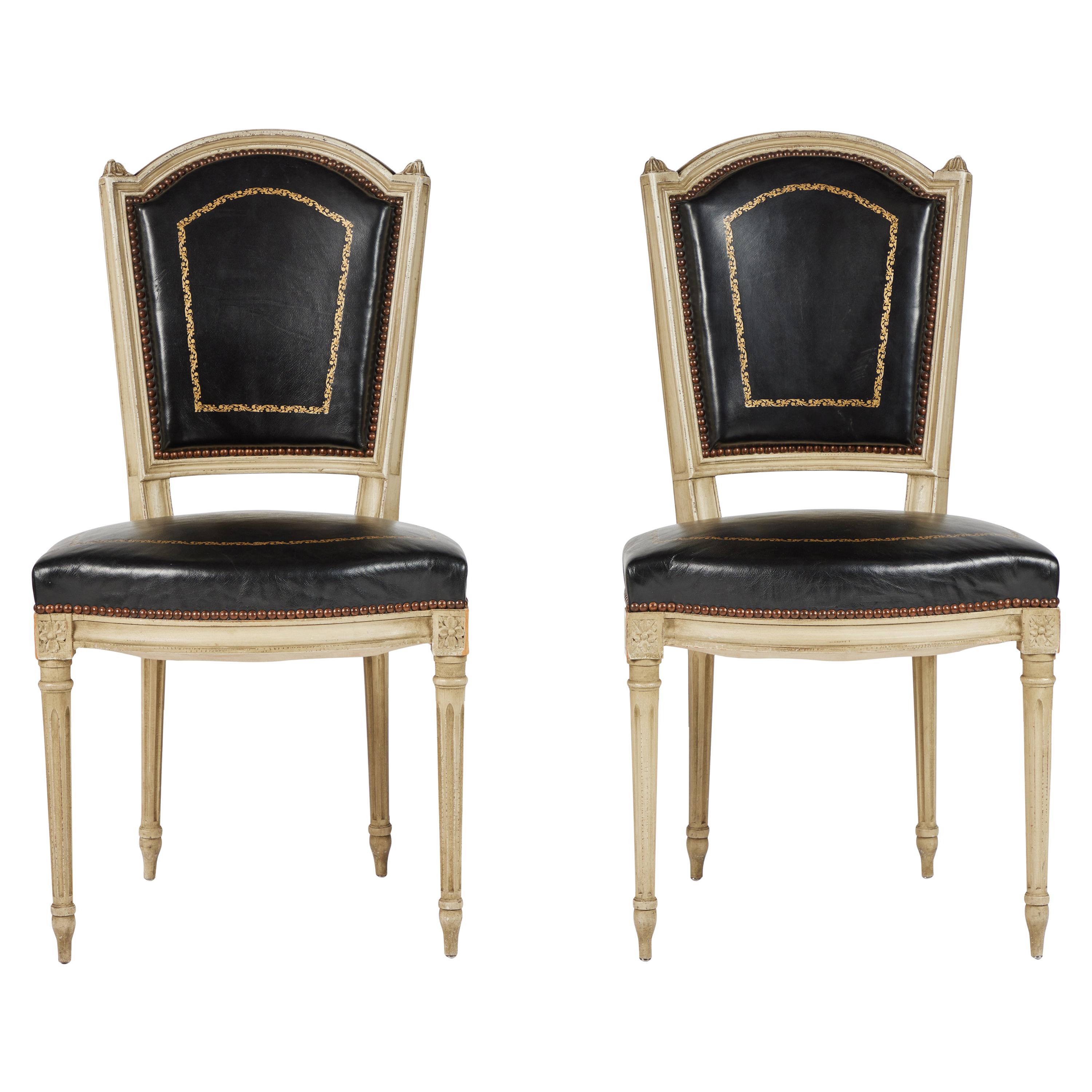 Pair of French Louis XVI Style Leather Side Chairs, c. 1940