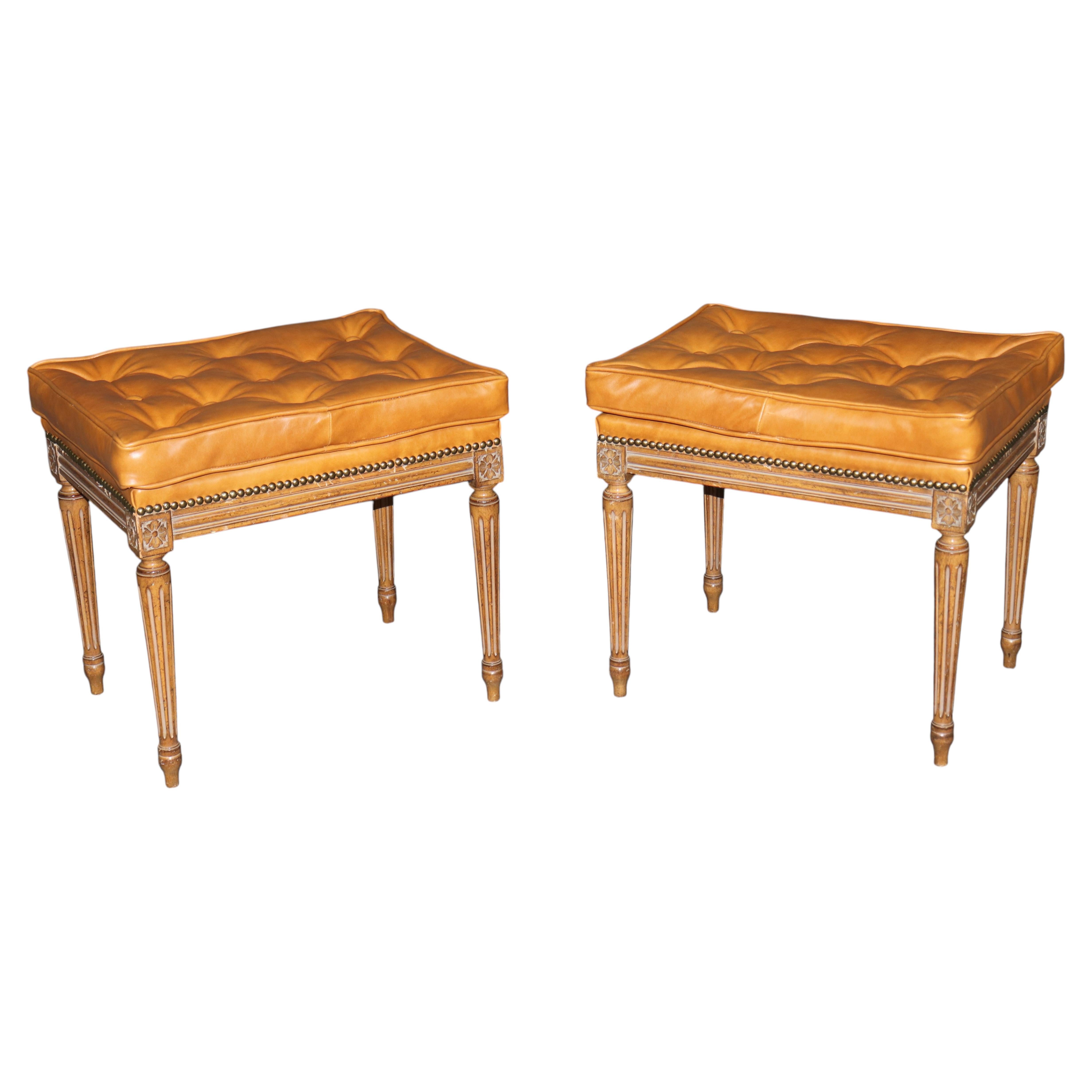 Pair of French Louis XVI Style Leather Tufted Benches Attributed to Jansen For Sale