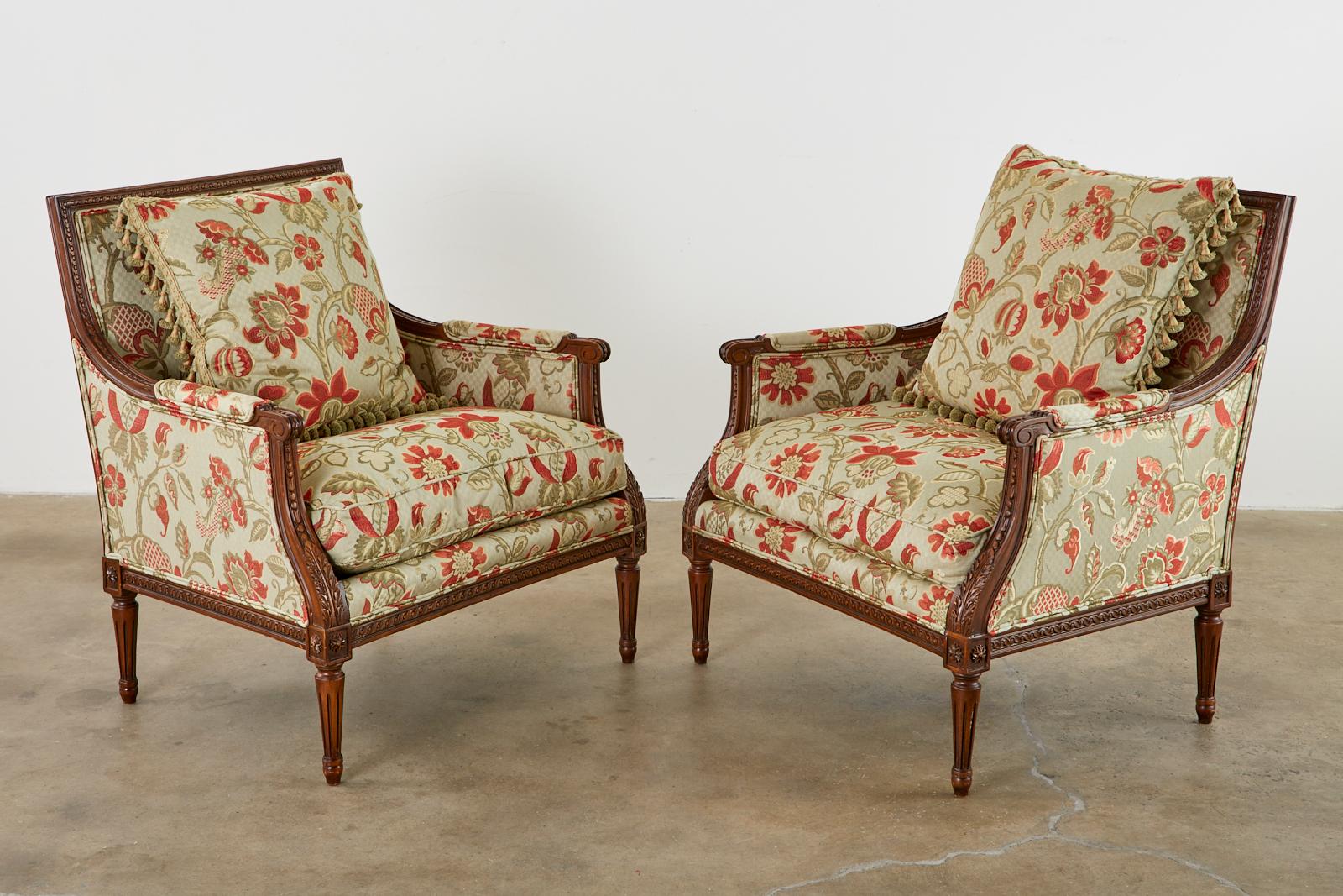 Hand-Crafted Pair of French Louis XVI Style Mahogany Bergère Armchairs