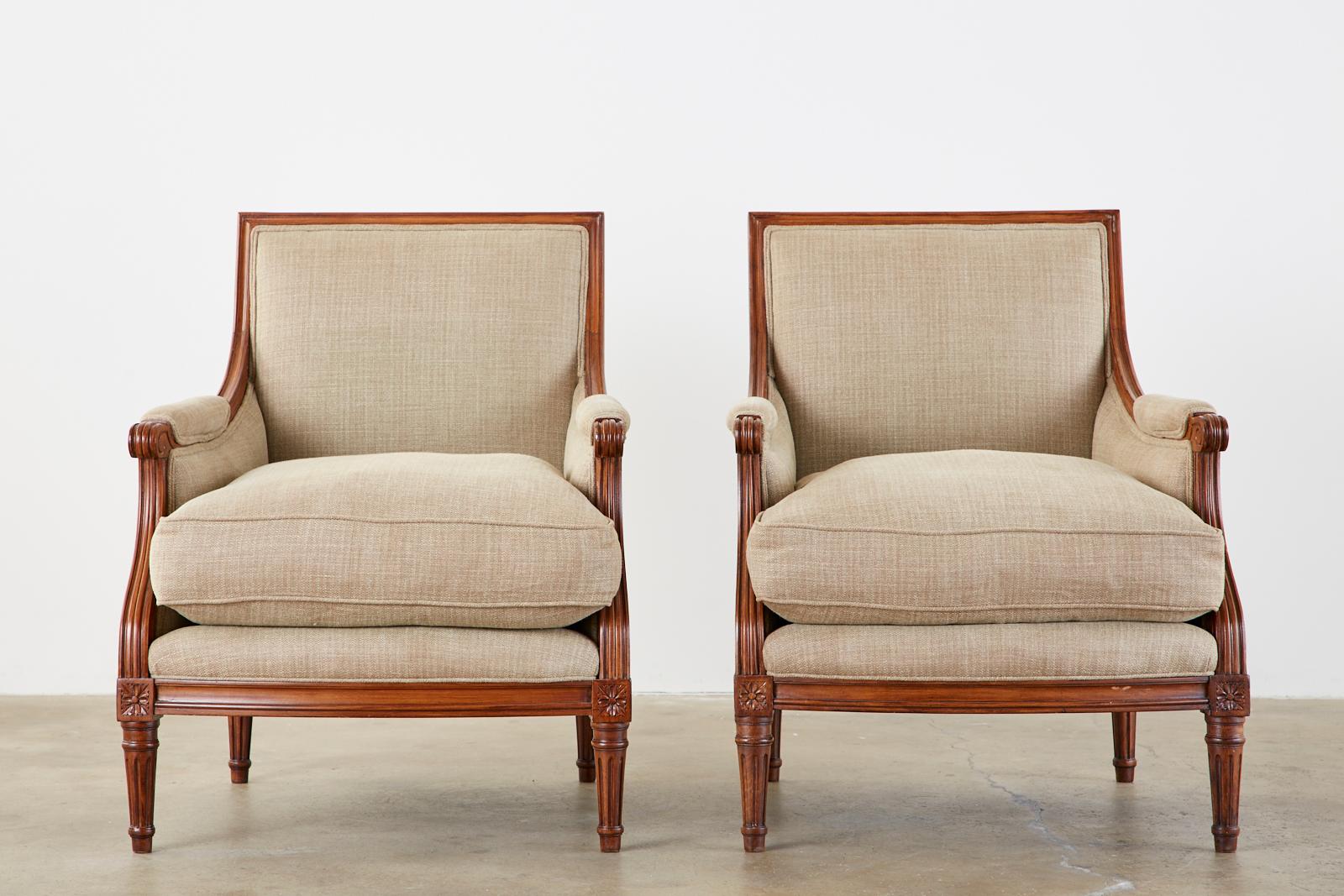 American Pair of French Louis XVI Style Mahogany Bergère Armchairs