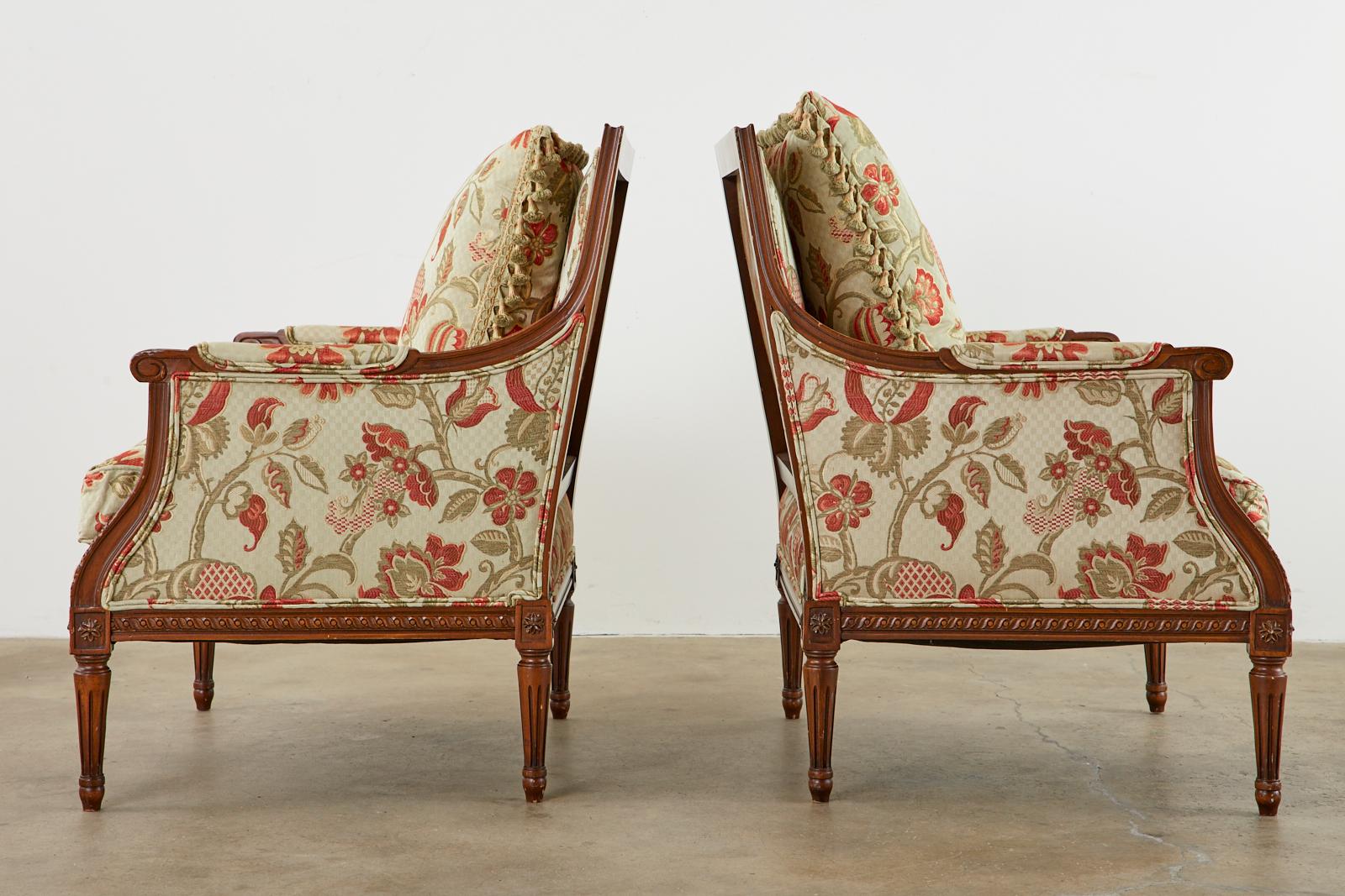 Pair of French Louis XVI Style Mahogany Bergère Armchairs In Good Condition In Rio Vista, CA