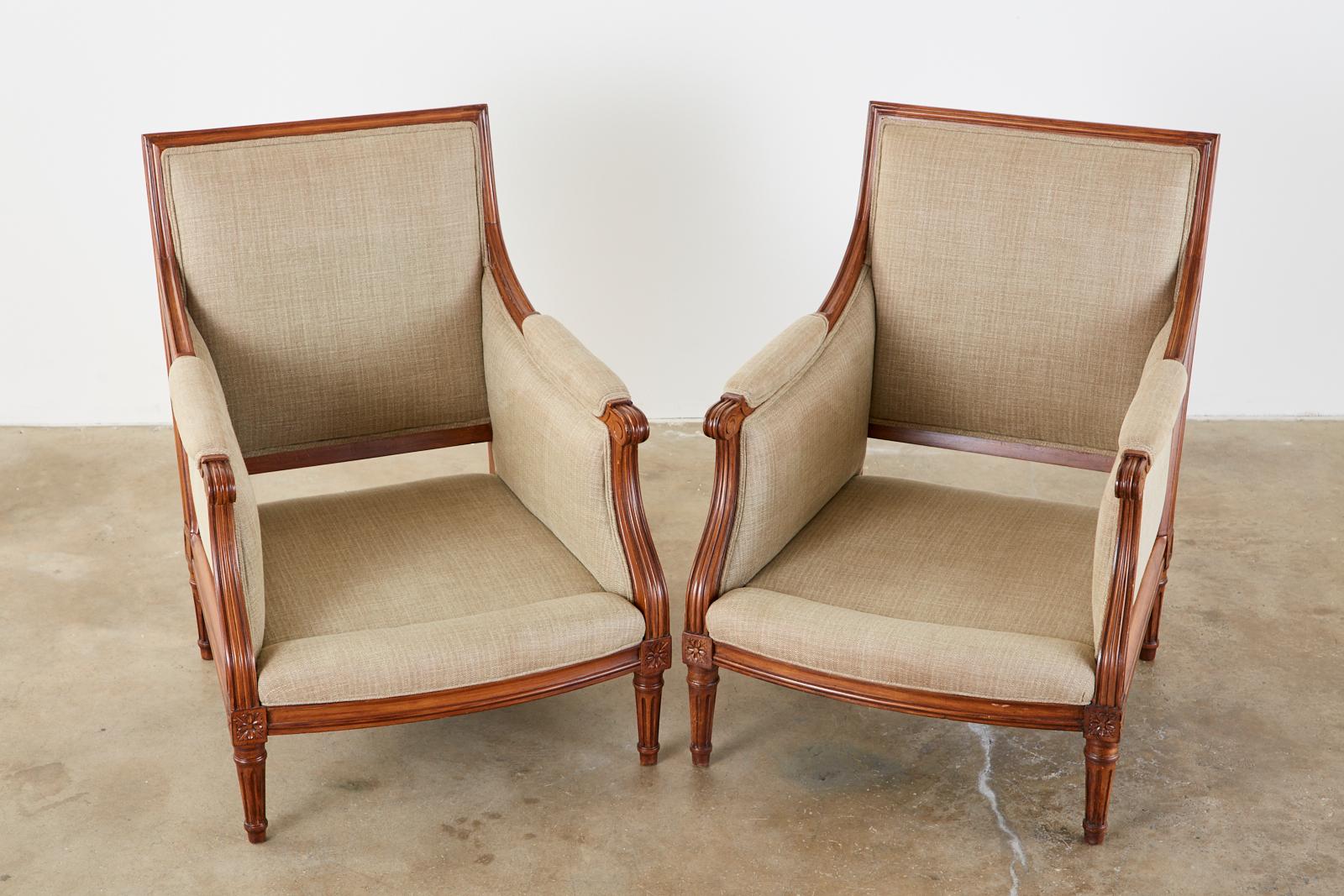 20th Century Pair of French Louis XVI Style Mahogany Bergère Armchairs
