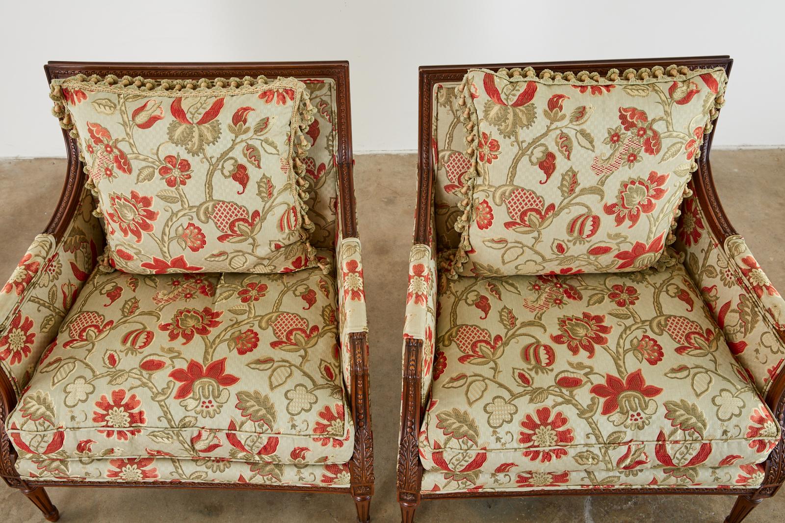 Pair of French Louis XVI Style Mahogany Bergère Armchairs 1