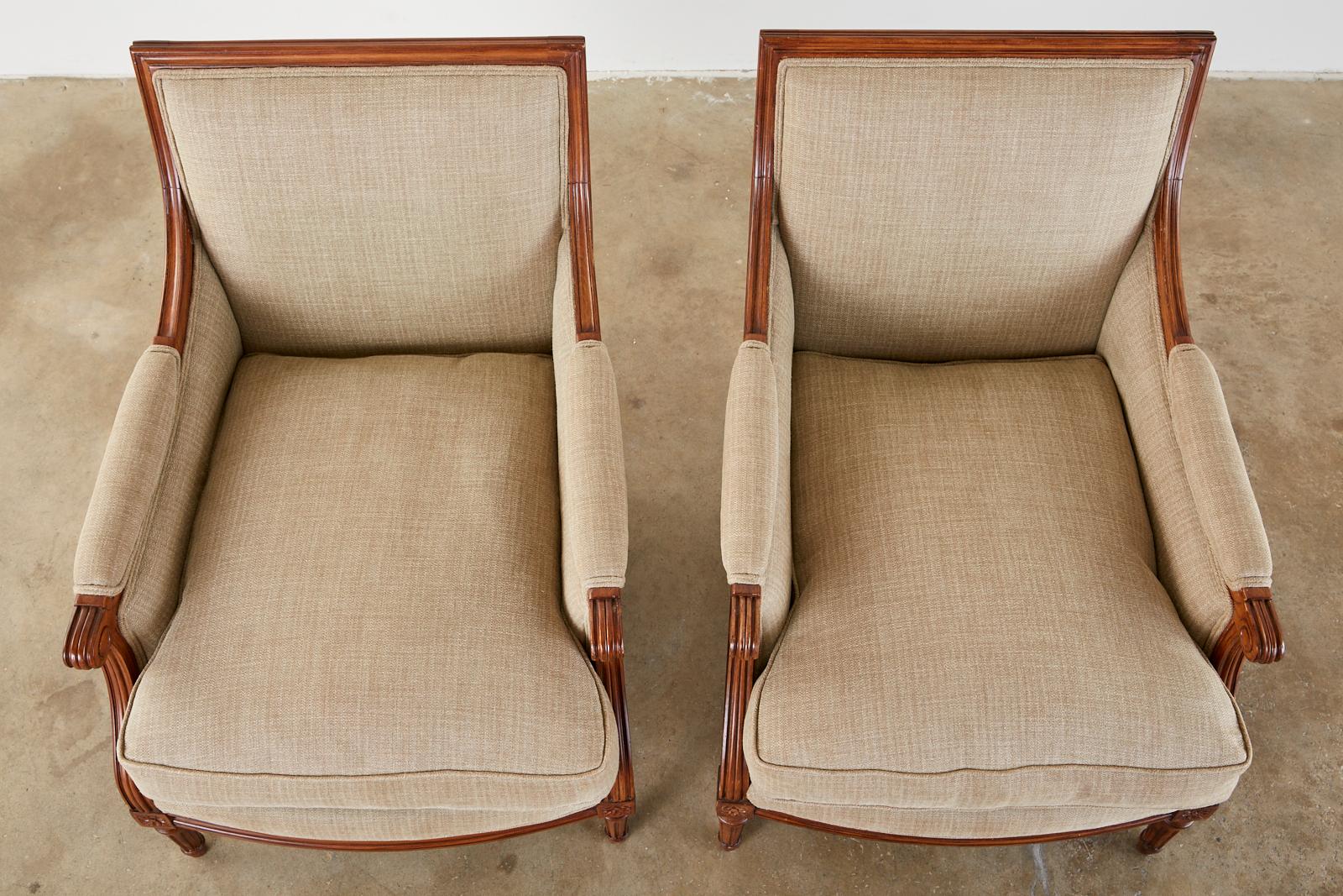 Fabric Pair of French Louis XVI Style Mahogany Bergère Armchairs