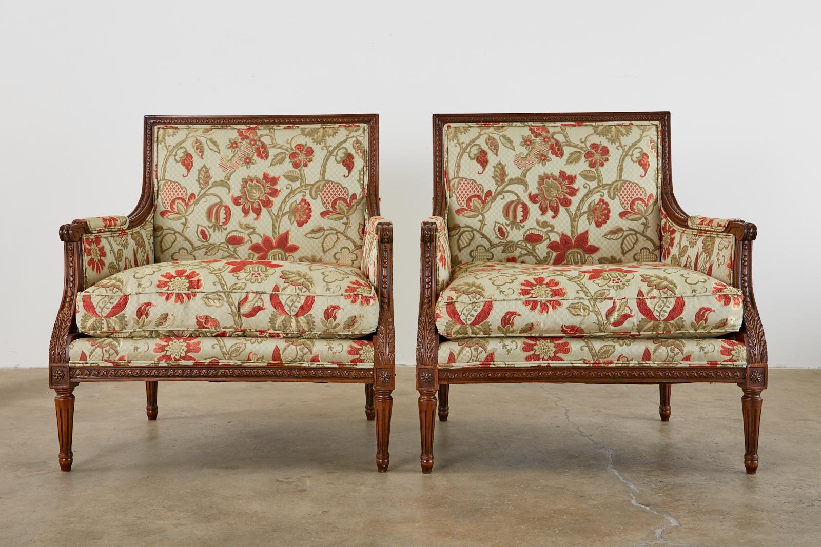 Pair of French Louis XVI Style Mahogany Bergère Armchairs 2